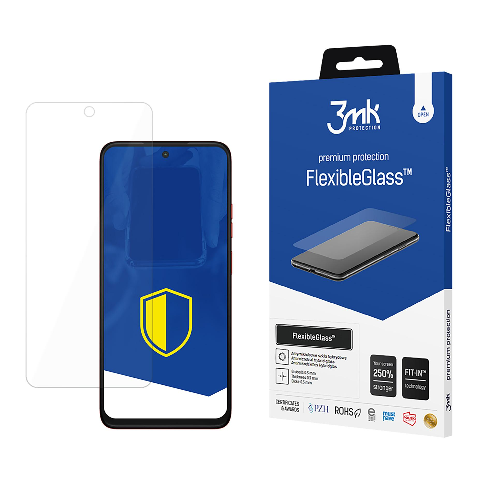 Un proteggi schermo e uno smartphone accanto a una scatola. La scatola è blu con testo bianco, che indica 'FlexibleGlass'.