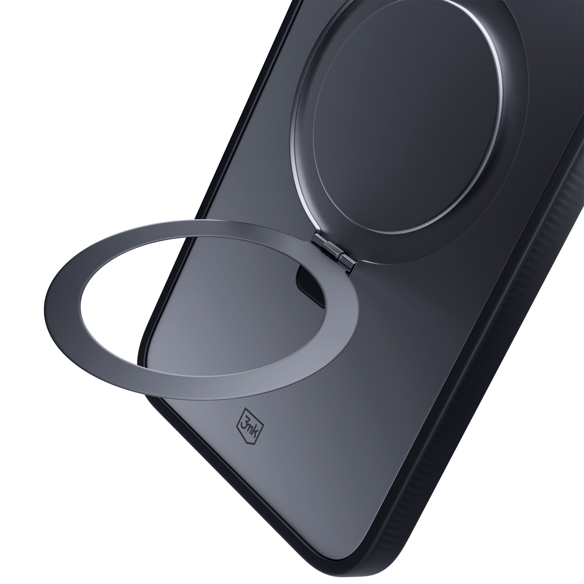 Viene mostrata una custodia nera per telefono con un supporto ad anello. L'anello è aperto. Lo sfondo è bianco.