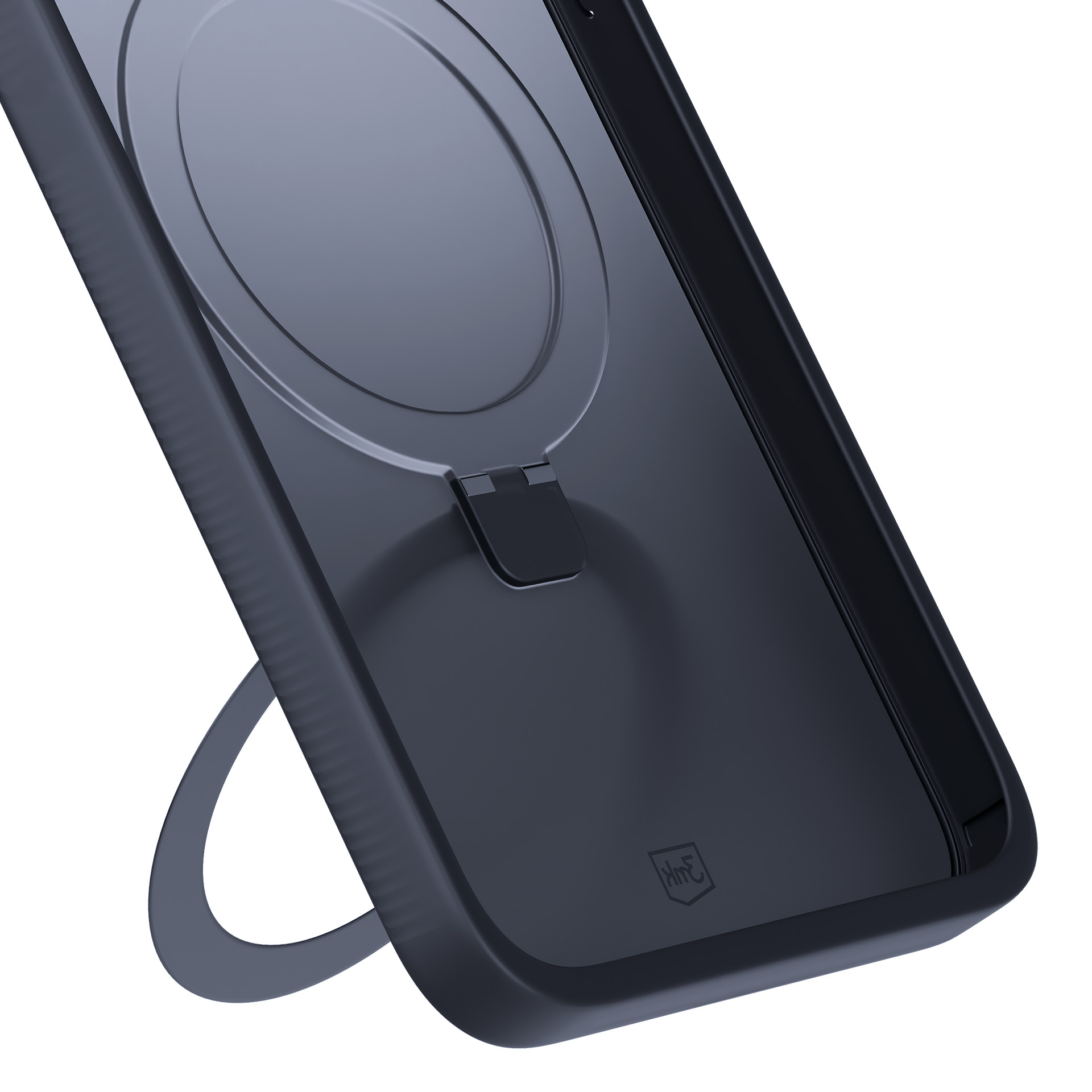Una custodia scura per telefono con supporto. Un anello è attaccato sul retro. La scena è su sfondo bianco.