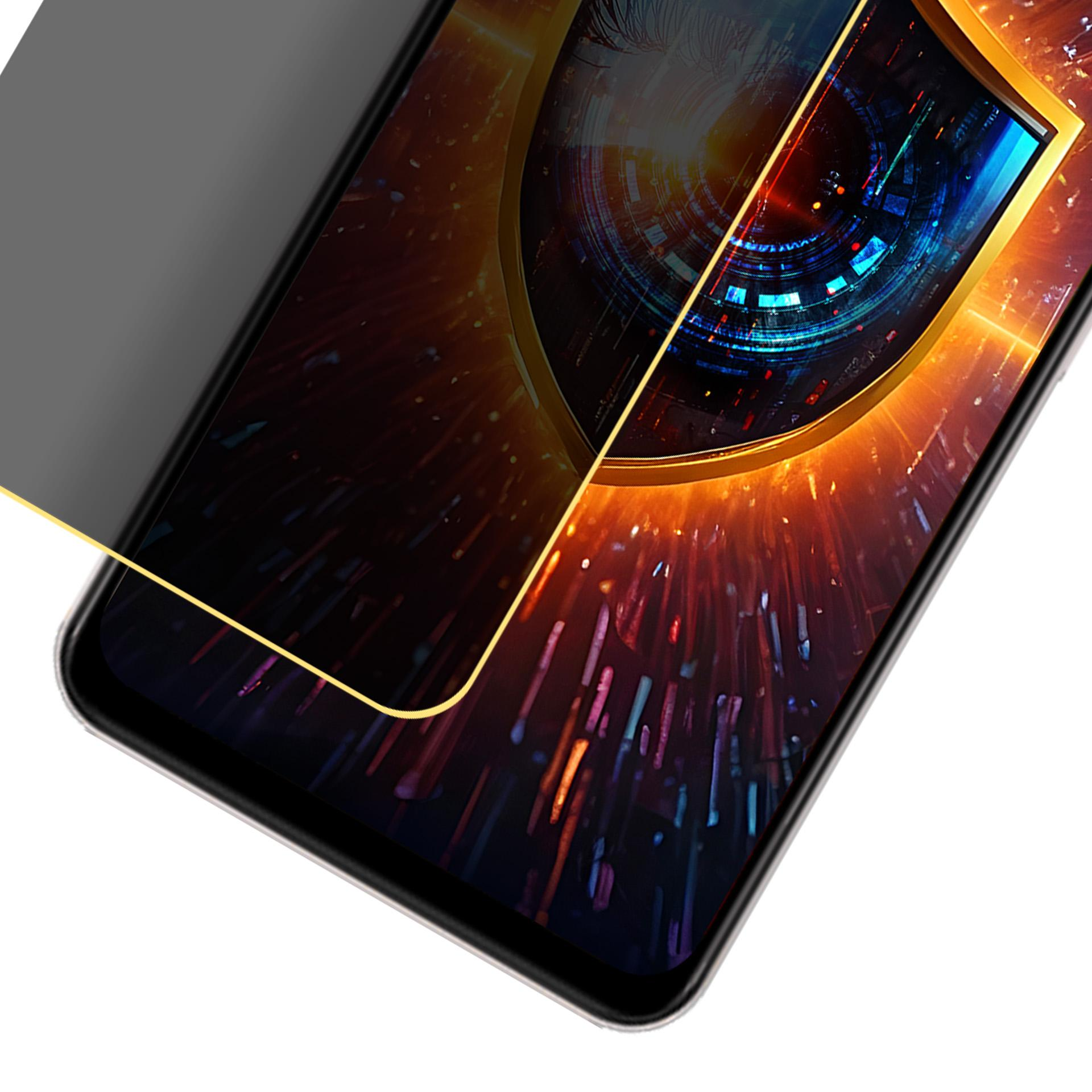 Schermo di smartphone con design futuristico. Lo schermo ha una pellicola per la privacy nera e uno sfondo astratto e colorato.