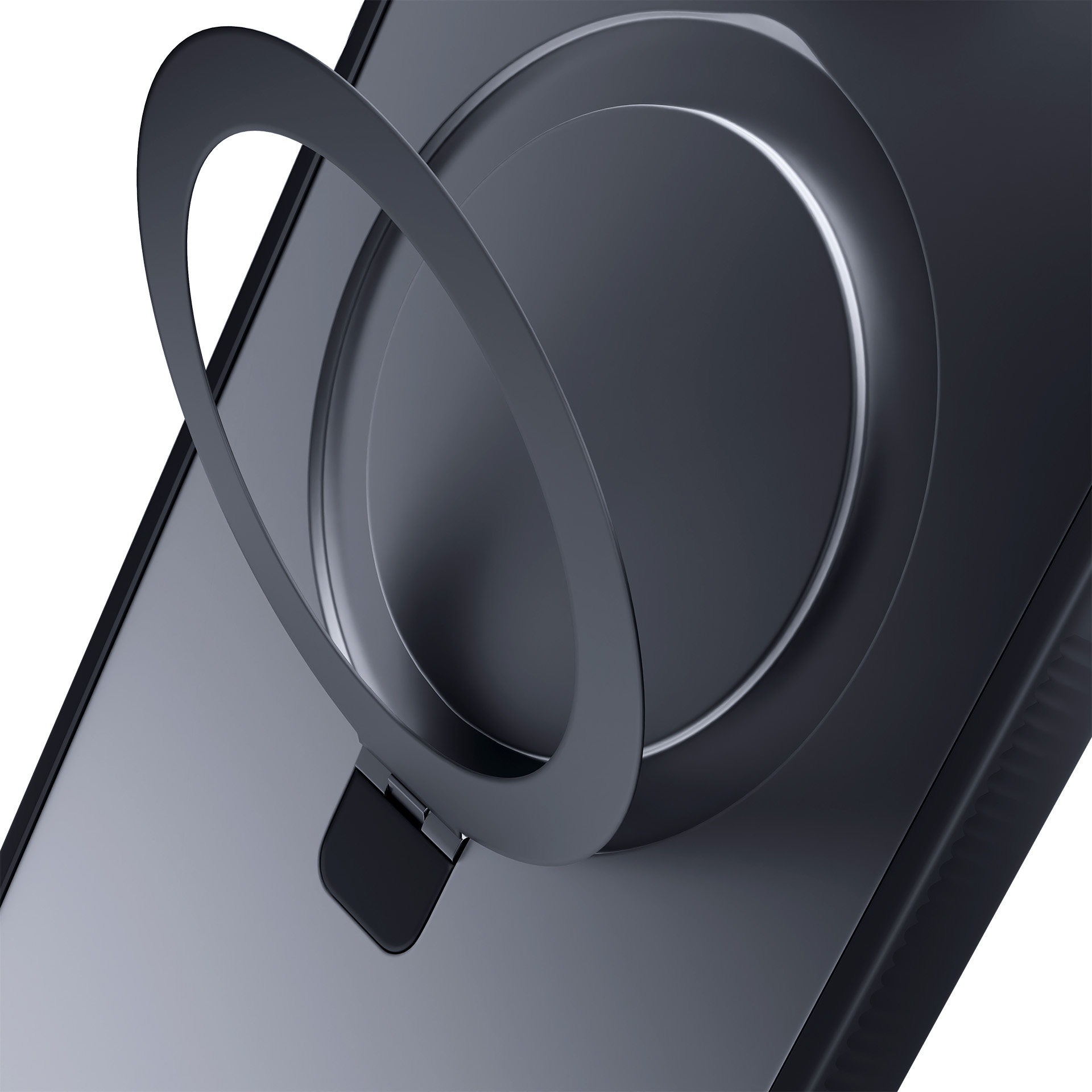 Un accessorio per telefono grigio scuro. Ha un anello e un supporto. Lo sfondo è bianco.