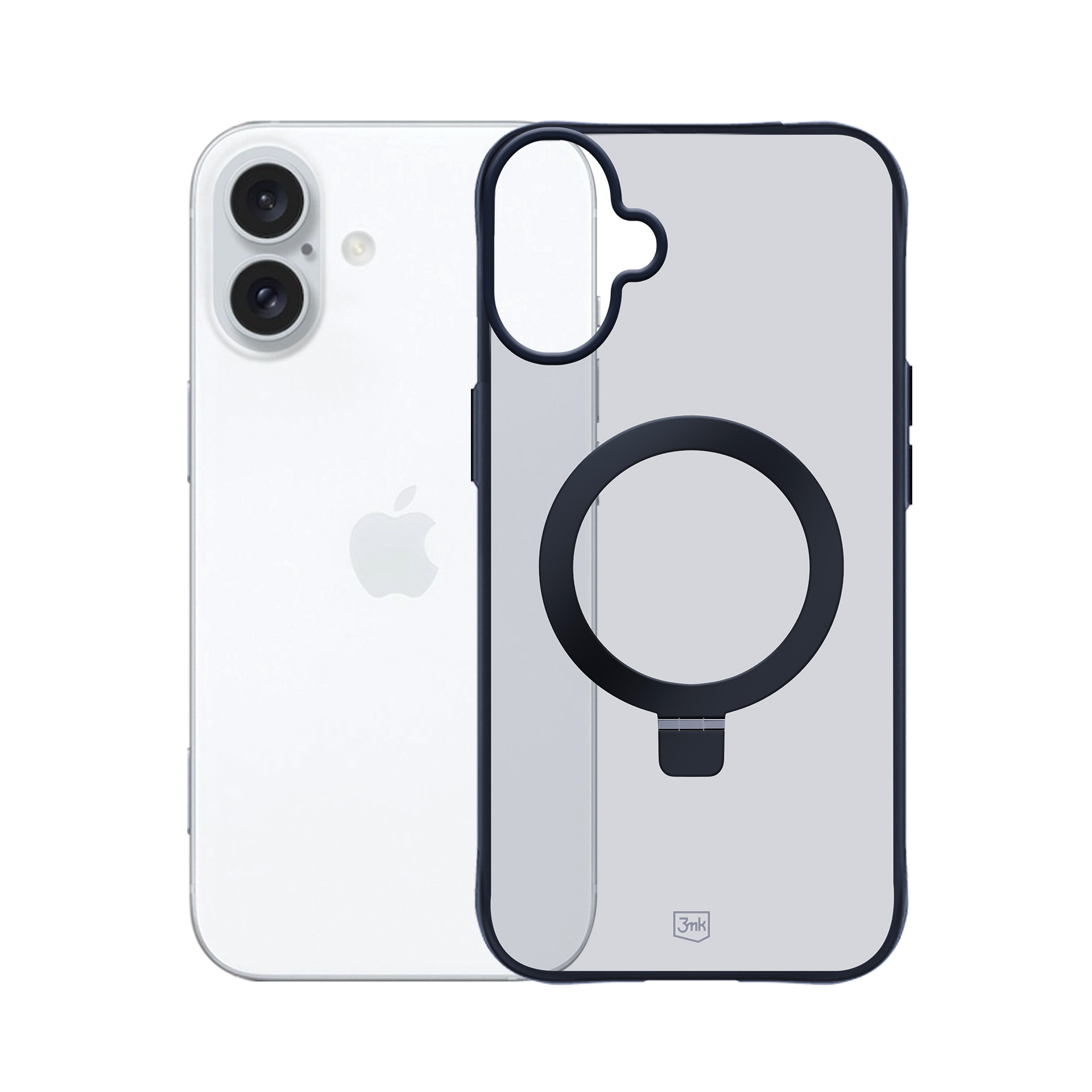 Un iPhone bianco con una custodia trasparente. La custodia ha un anello nero al centro e un bordo nero.