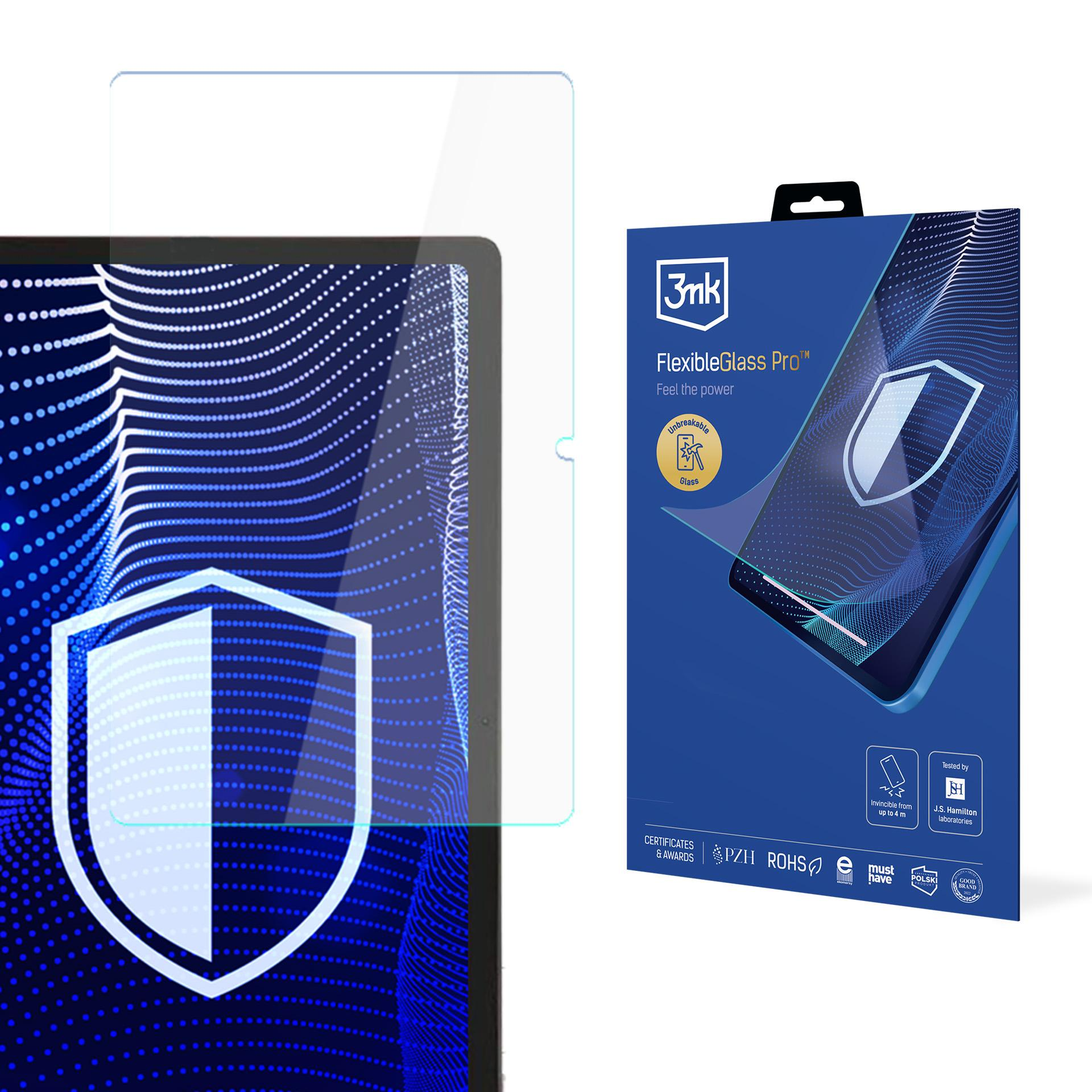 Wyświetlono pudełko na ochraniacz ekranu i ekran tabletu. Pudełko jest niebieskie, a tablet ma biały wzór tarczy.