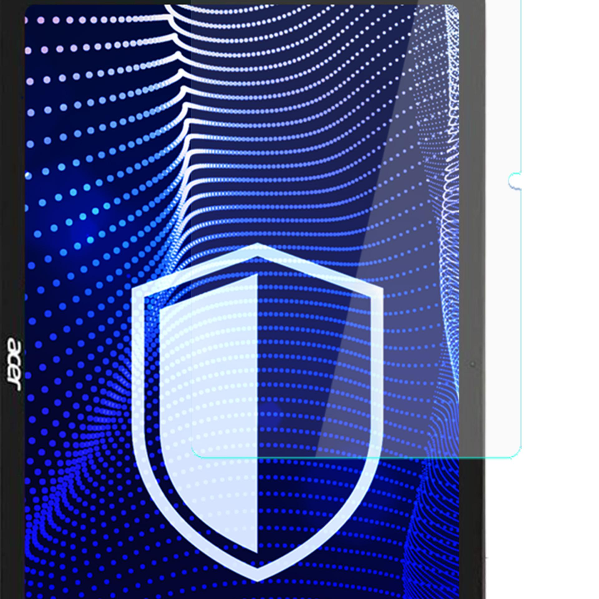 Ekran tabletu z niebieskim wzorem w kropki i białą tarczą. Widoczne logo Acer.