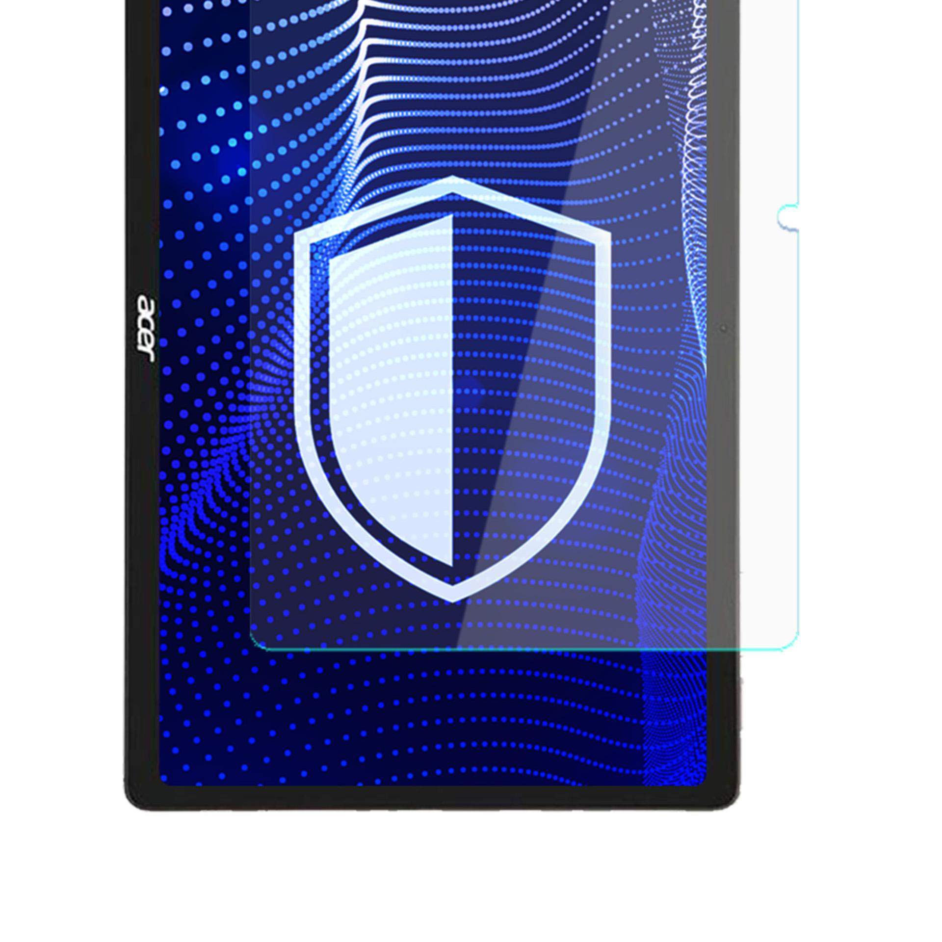 Ekran tabletu z grafiką tarczy, ochraniaczem ekranu i logo Acer. Niebieski wzór kropek na ekranie.