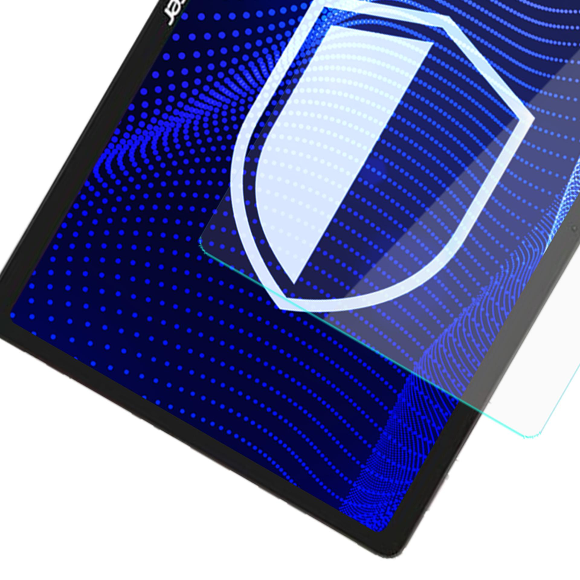 Ekran tabletu z ikoną tarczy, niebieskim wzorem kropek i ochraniaczem ekranu.