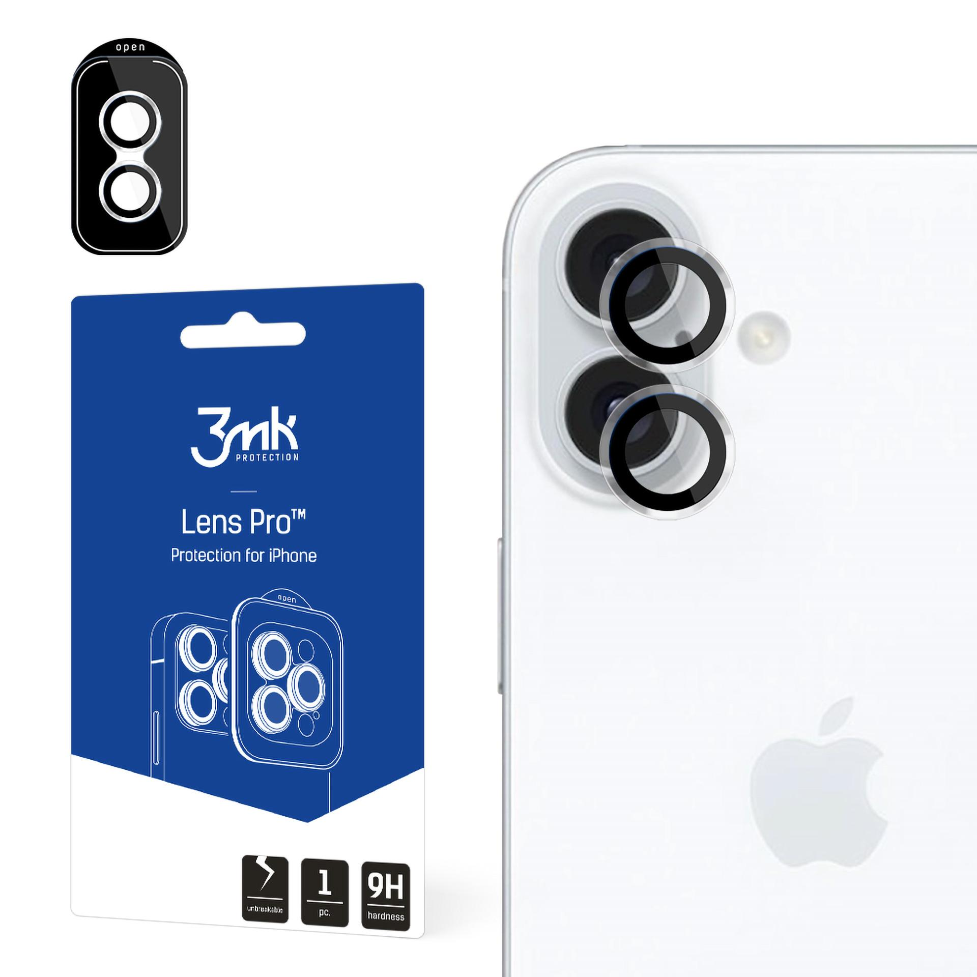 Osłona obiektywu do iPhone'a z osłoną obiektywu aparatu i opakowaniem produktu. Opakowanie jest niebieskie, a telefon biały.