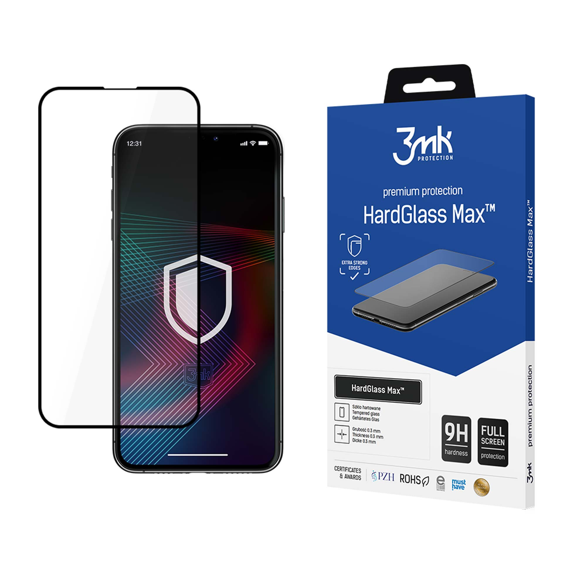 Uno schermo del telefono con un proteggi schermo in vetro accanto a una scatola blu con il logo HardGlass Max e le specifiche.