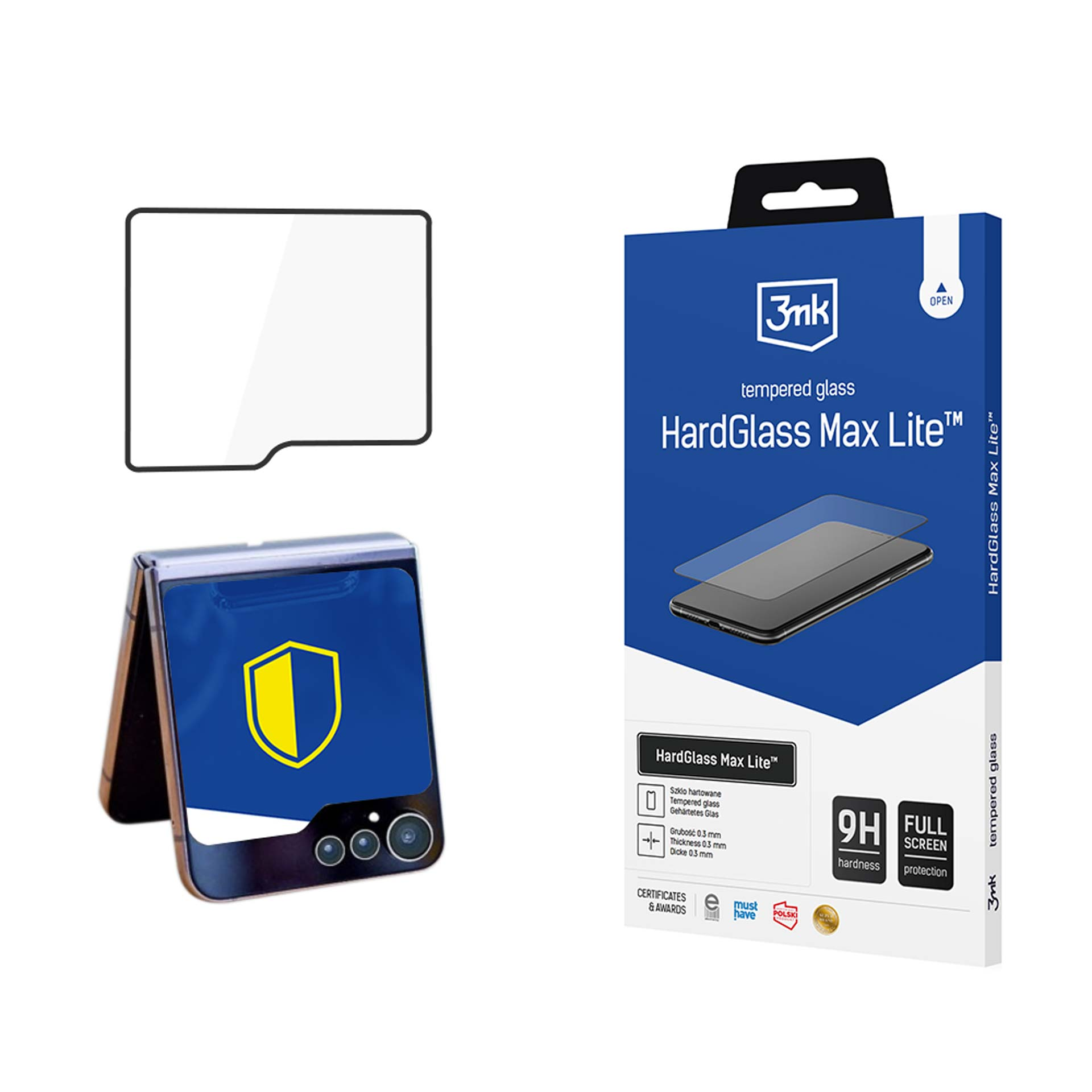 Un proteggi schermo e un telefono pieghevole accanto a una scatola blu HardGlass Max Lite.