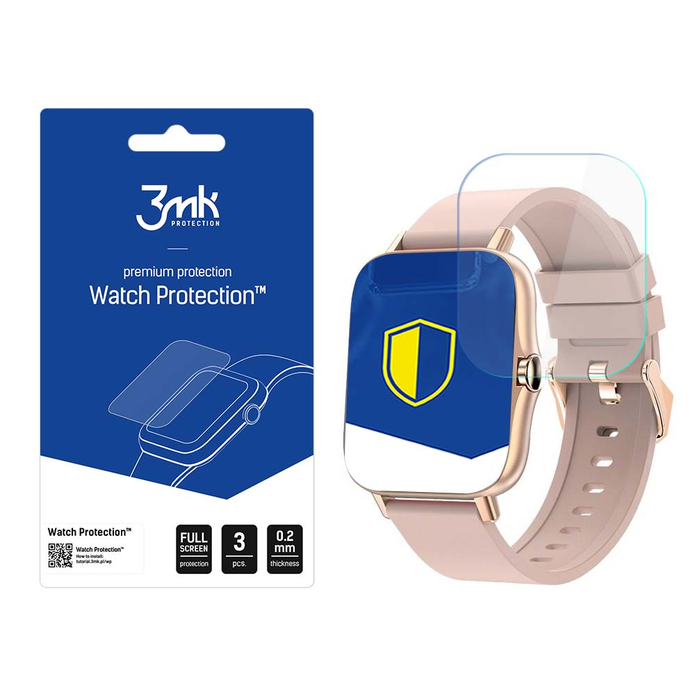 Smartwatch z ochraniaczem ekranu i opakowaniem. Zegarek ma różowy pasek i niebieski ekran.