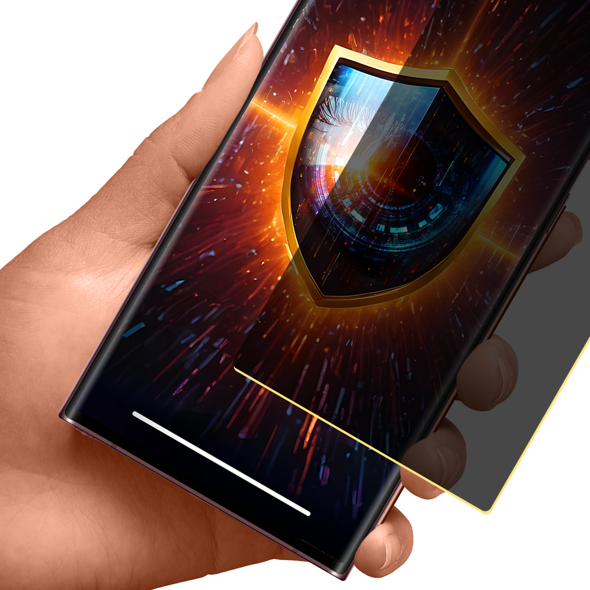 Ręka trzymająca telefon z ikoną tarczy. Tło przedstawia pomarańczowe i niebieskie efekty cyfrowe.