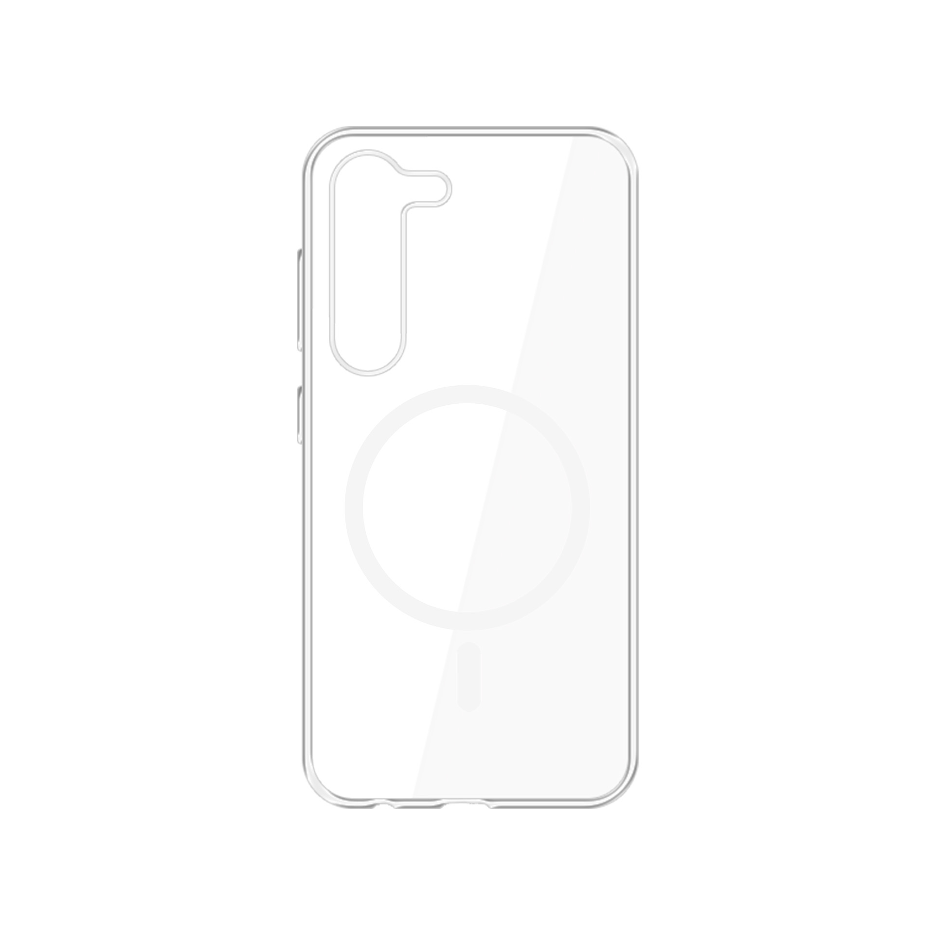 Custodia trasparente per telefono con ritaglio fotocamera e cerchio MagSafe su sfondo bianco.