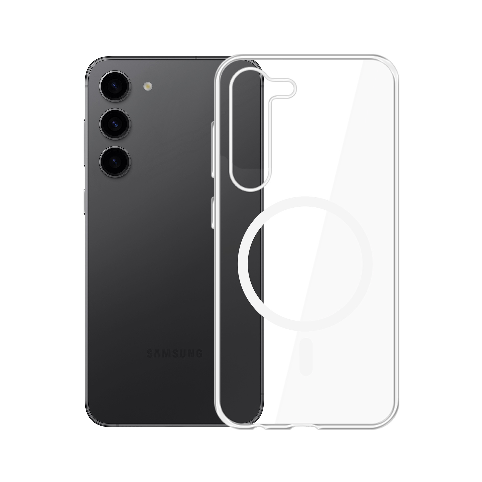Uno smartphone nero con tre fotocamere e una custodia trasparente su sfondo bianco.