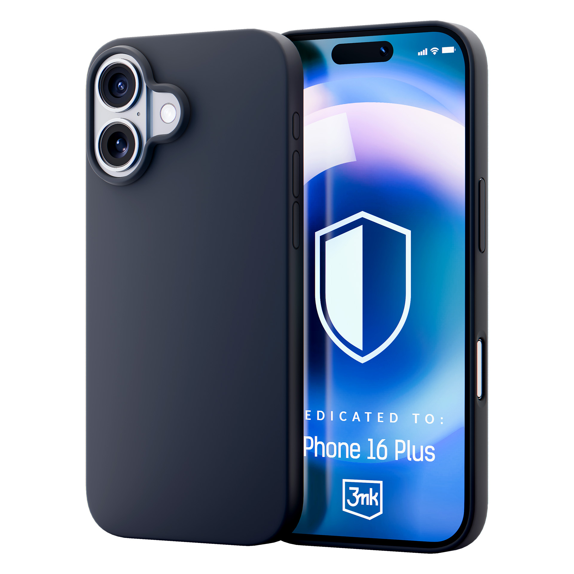 Una custodia per telefono blu scuro accanto a un telefono con un logo a scudo protettivo sullo schermo. Il telefono recita "Phone 16 Plus".