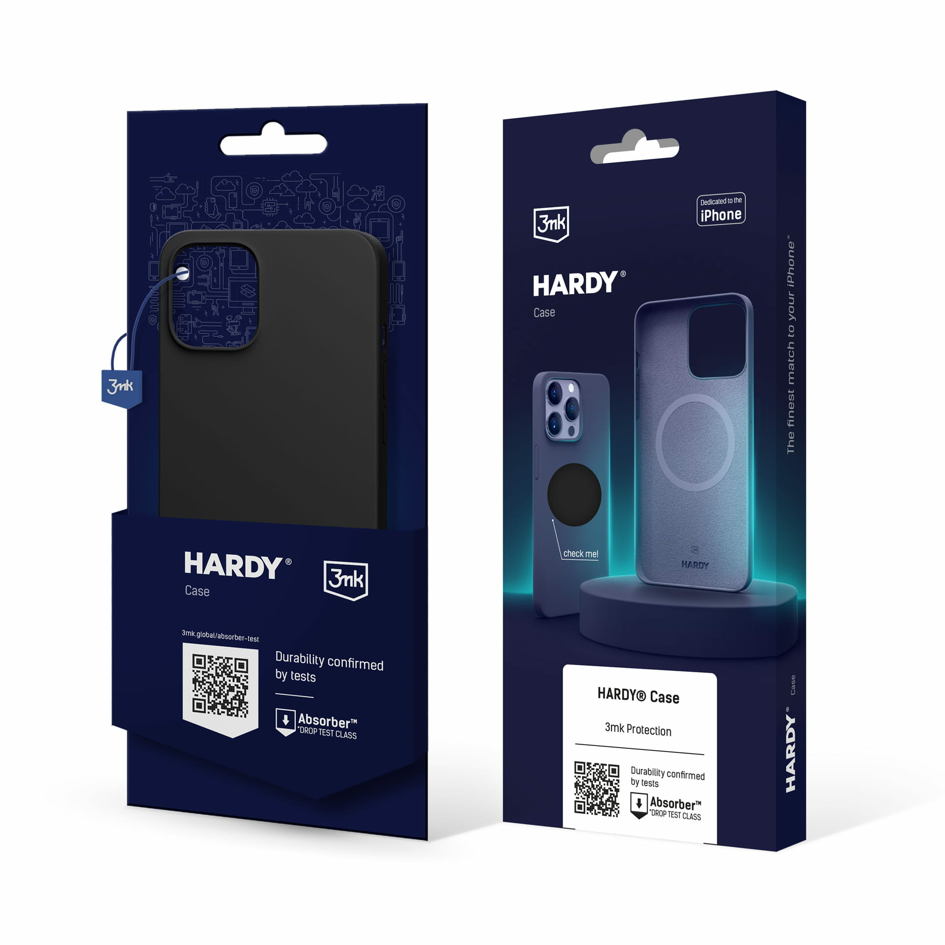 Due scatole di custodie per telefoni. Una mostra una custodia nera, l'altra blu. Il marchio è Hardy.