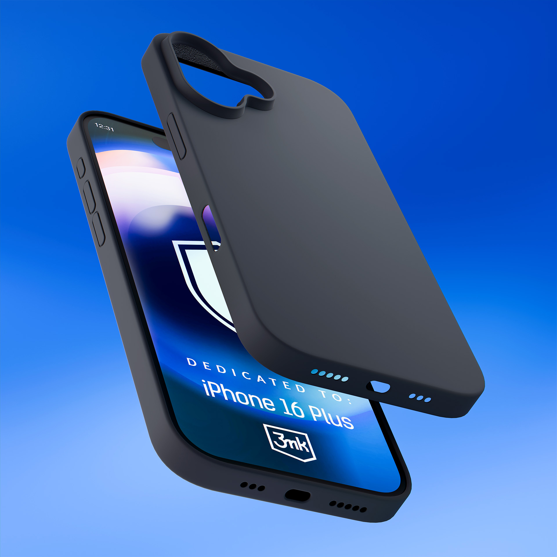 Un iPhone 16 Plus con custodia grigio scuro, parzialmente rimossa. Lo schermo mostra un logo e testo su sfondo blu.