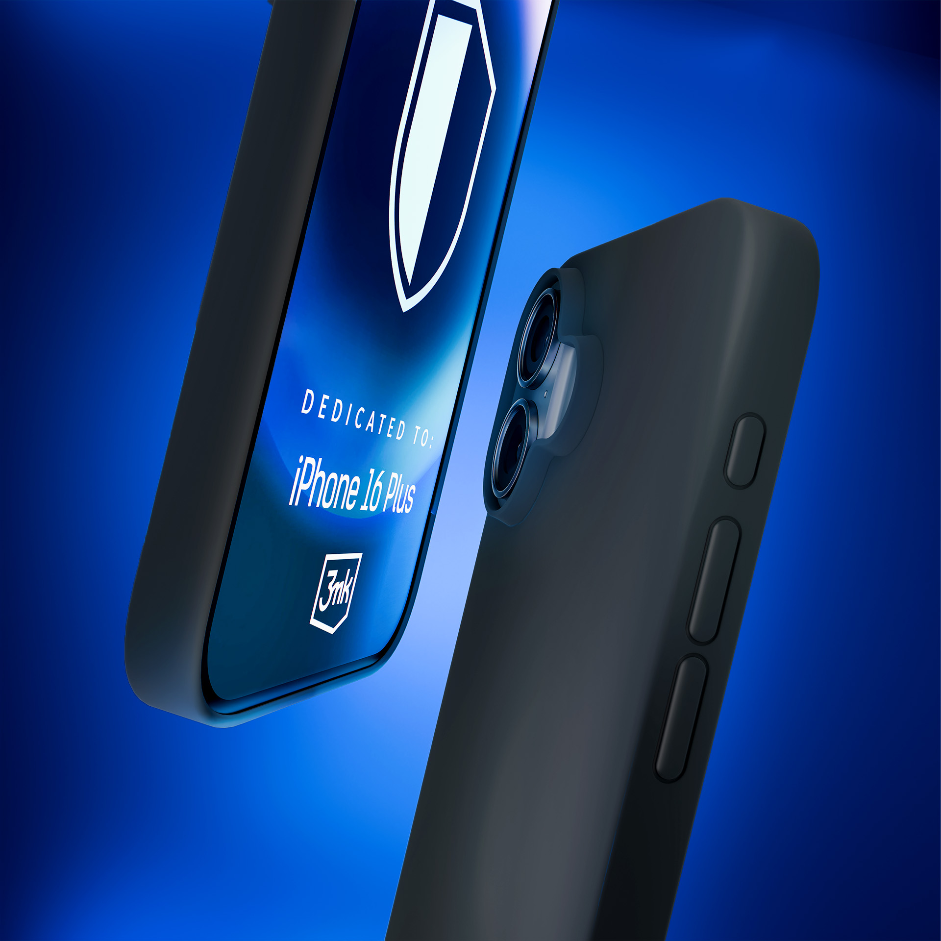 Due smartphone, uno con logo scudo e 'Dedicated to iPhone 16 Plus'. Telefoni grigio scuro su sfondo blu.