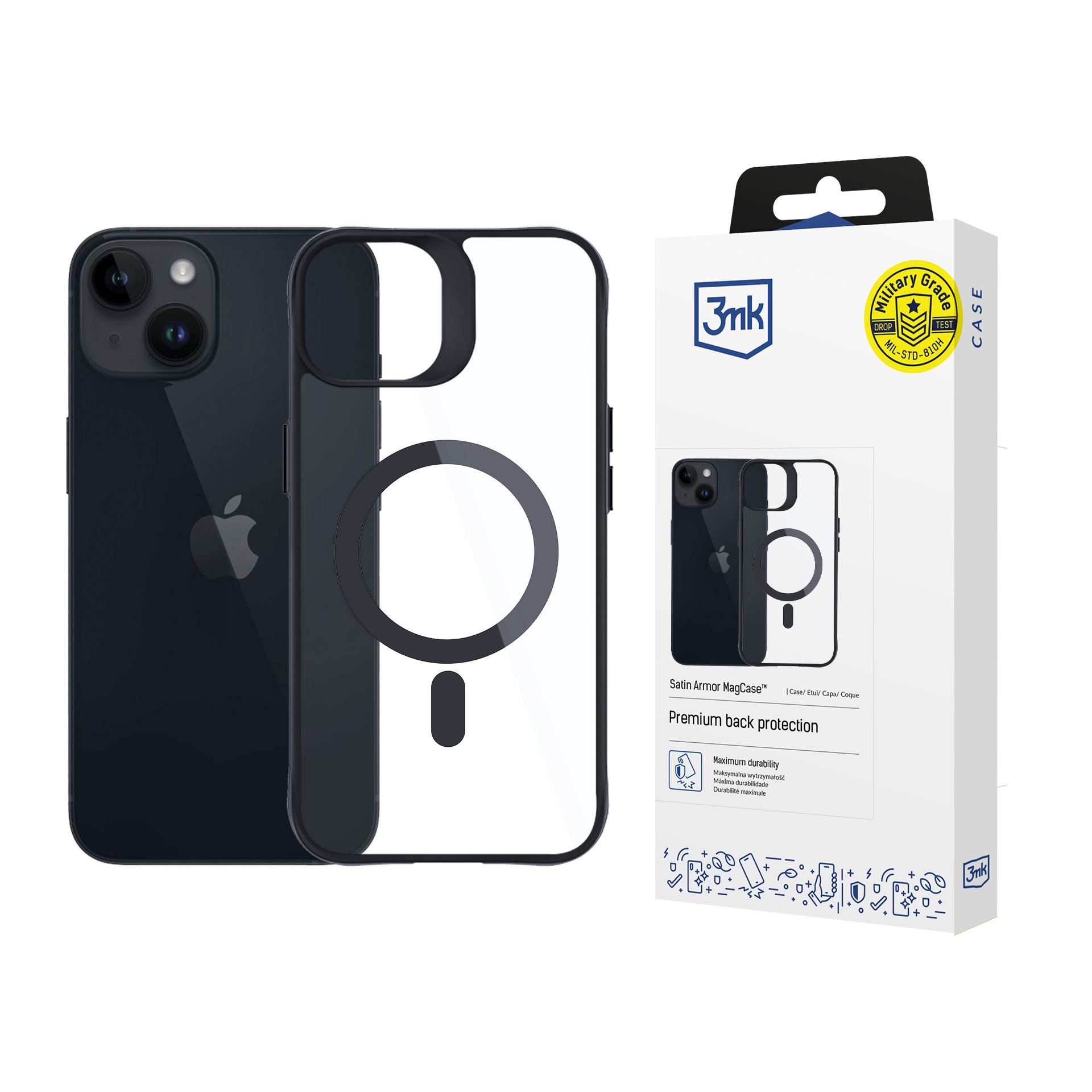 Un iPhone e una custodia per telefono sono esposti. Il telefono è blu scuro, la custodia trasparente. Una scatola bianca mostra le caratteristiche.