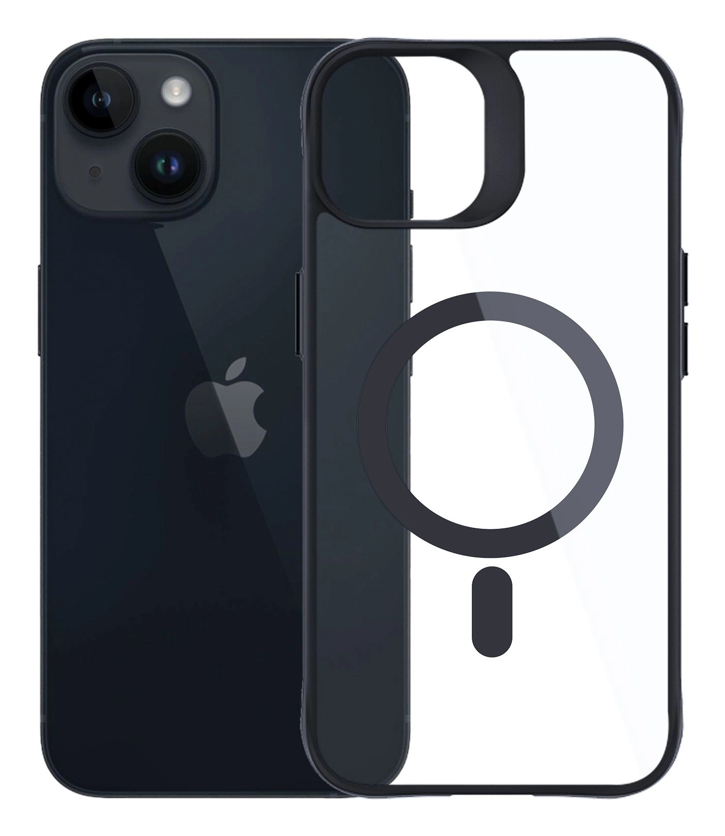 Un iPhone nero con una custodia trasparente. Il telefono ha un logo Apple e doppie fotocamere. La custodia ha un anello magnetico.