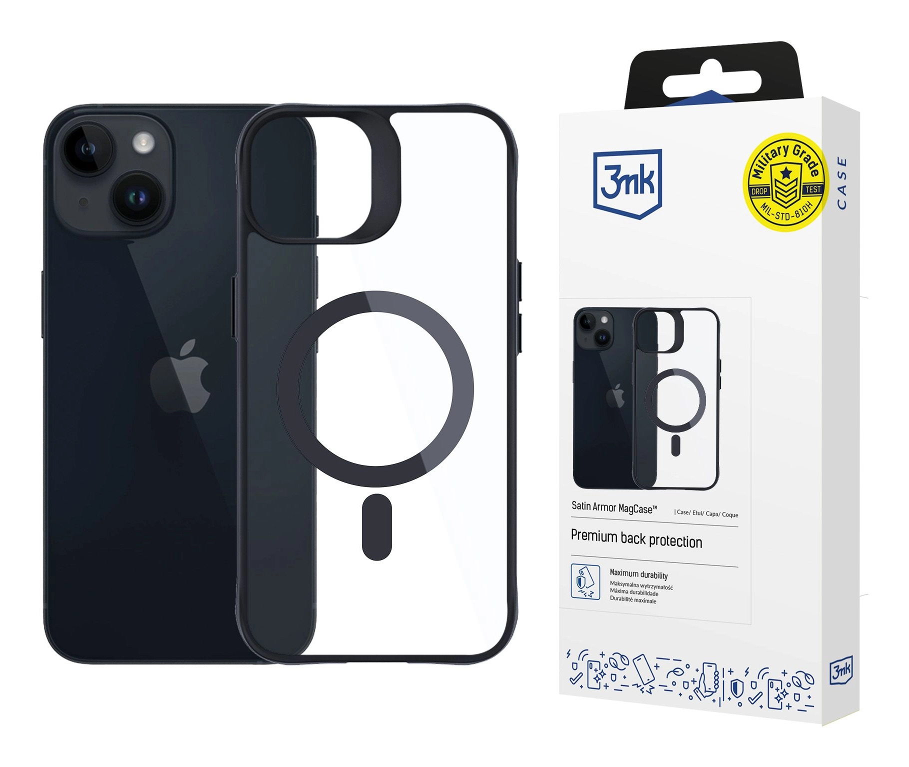 Un iPhone e una custodia trasparente con anello magnetico sono mostrati. La custodia è in una scatola con marchio e testo di grado militare.