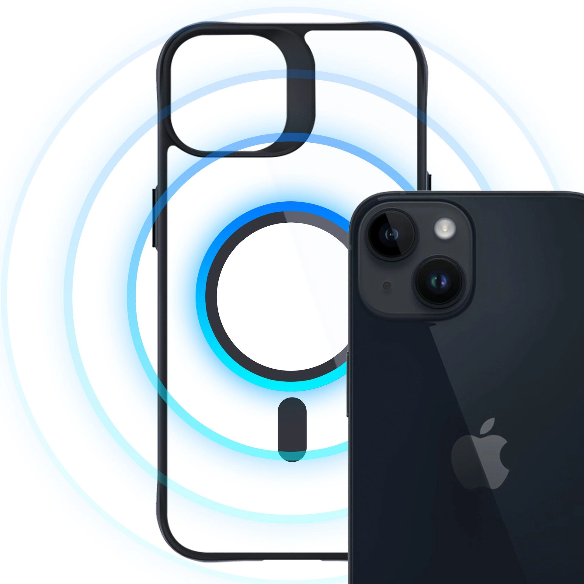 Un iPhone e una custodia trasparente con un anello magnetico sono mostrati su sfondo bianco. Anelli di luce blu circondano la custodia.