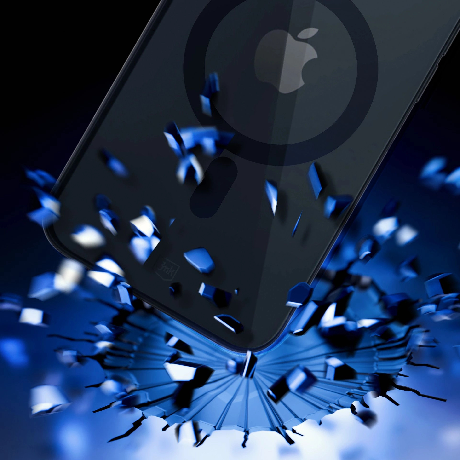 Un telefono con logo Apple sta rompendo una superficie blu. Frammenti di materiale blu simile al vetro sono sparsi.