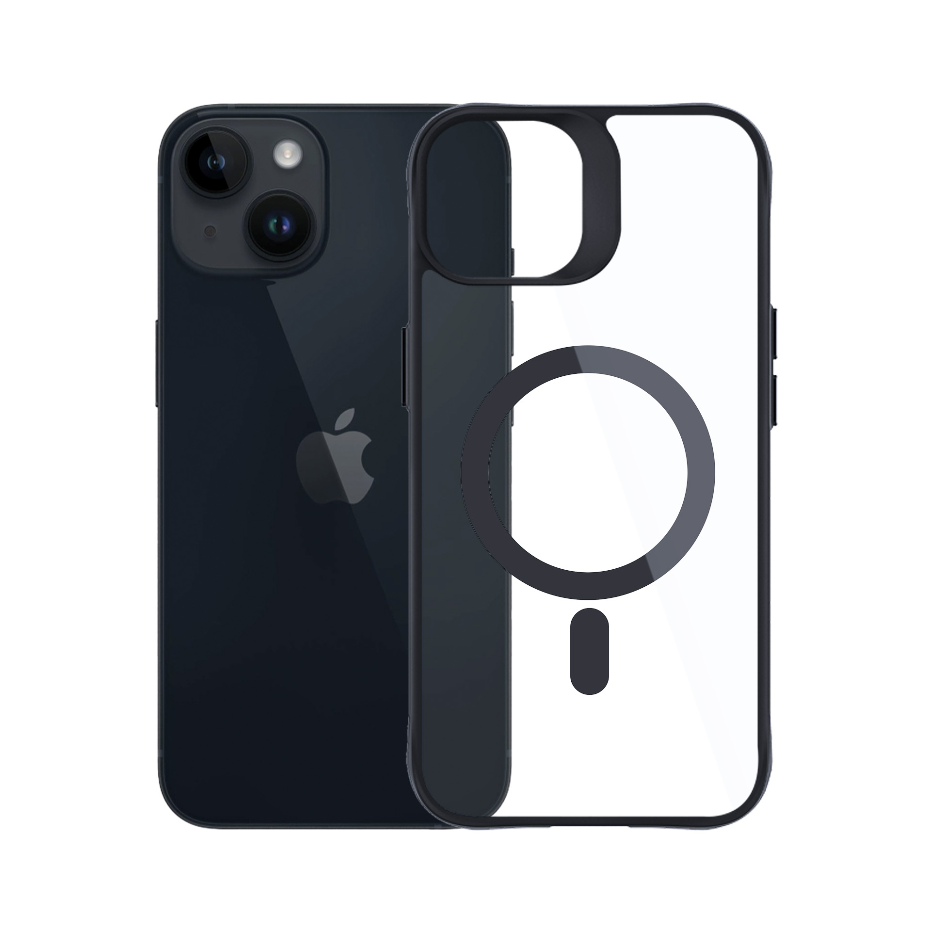 Un iPhone blu scuro con una custodia trasparente. La custodia ha un contorno nero e un anello magnetico circolare. Il logo Apple è visibile.