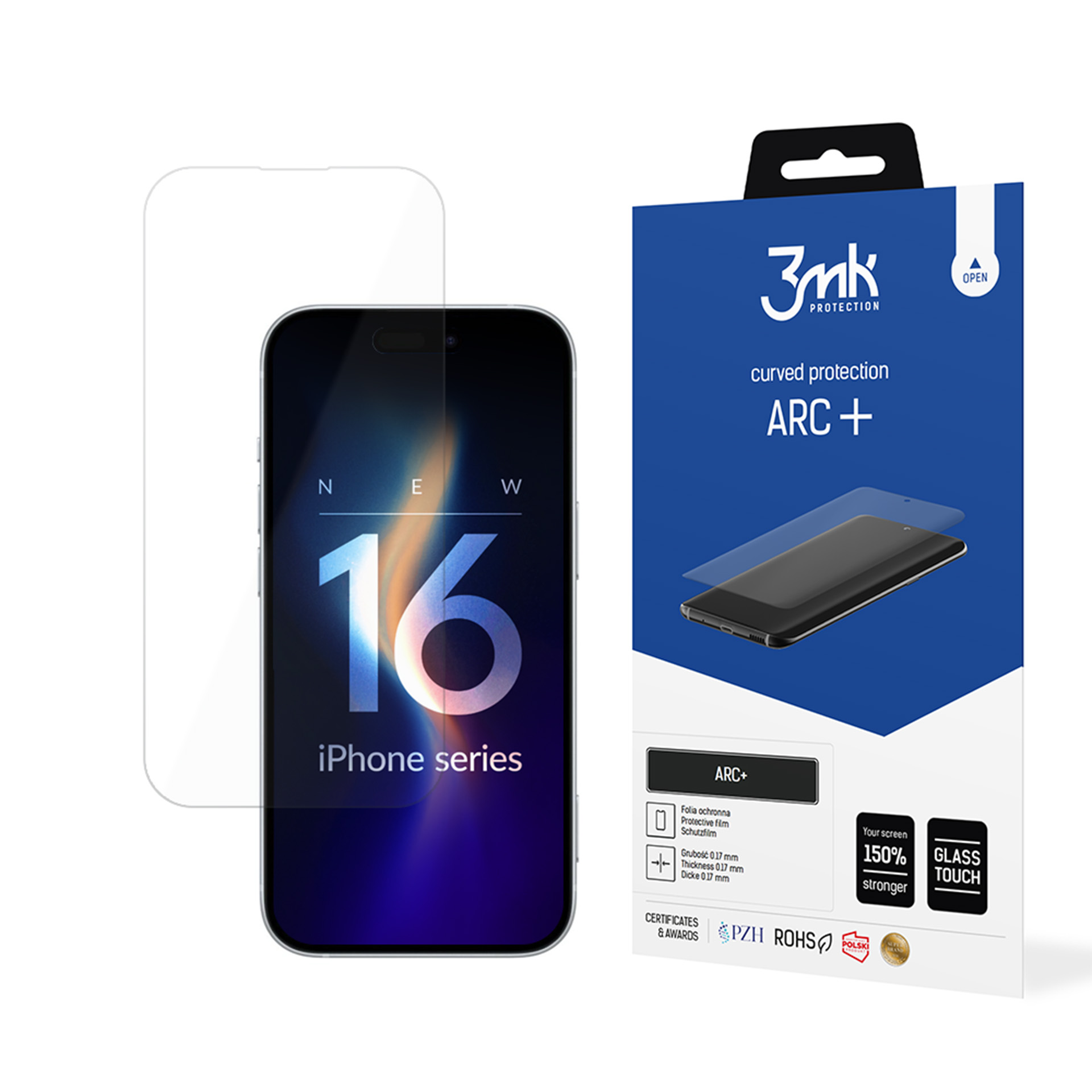 Una protezione schermo per iPhone 16 e la sua confezione. La confezione è blu con testo bianco e un'illustrazione del telefono.