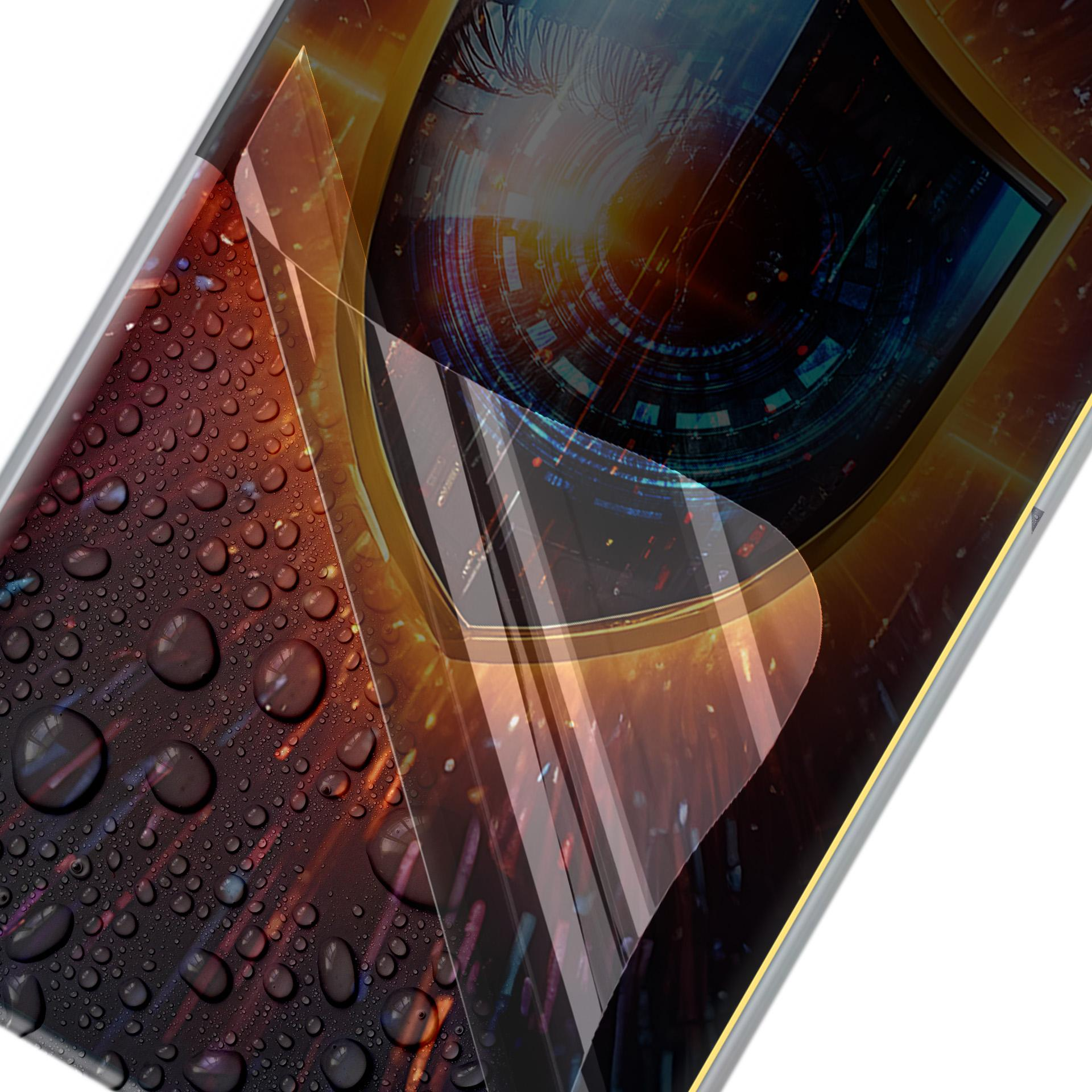 Zbliżenie osłony ekranu. Krople wody na ciemnej powierzchni. Grafika oka widoczna przez osłonę.