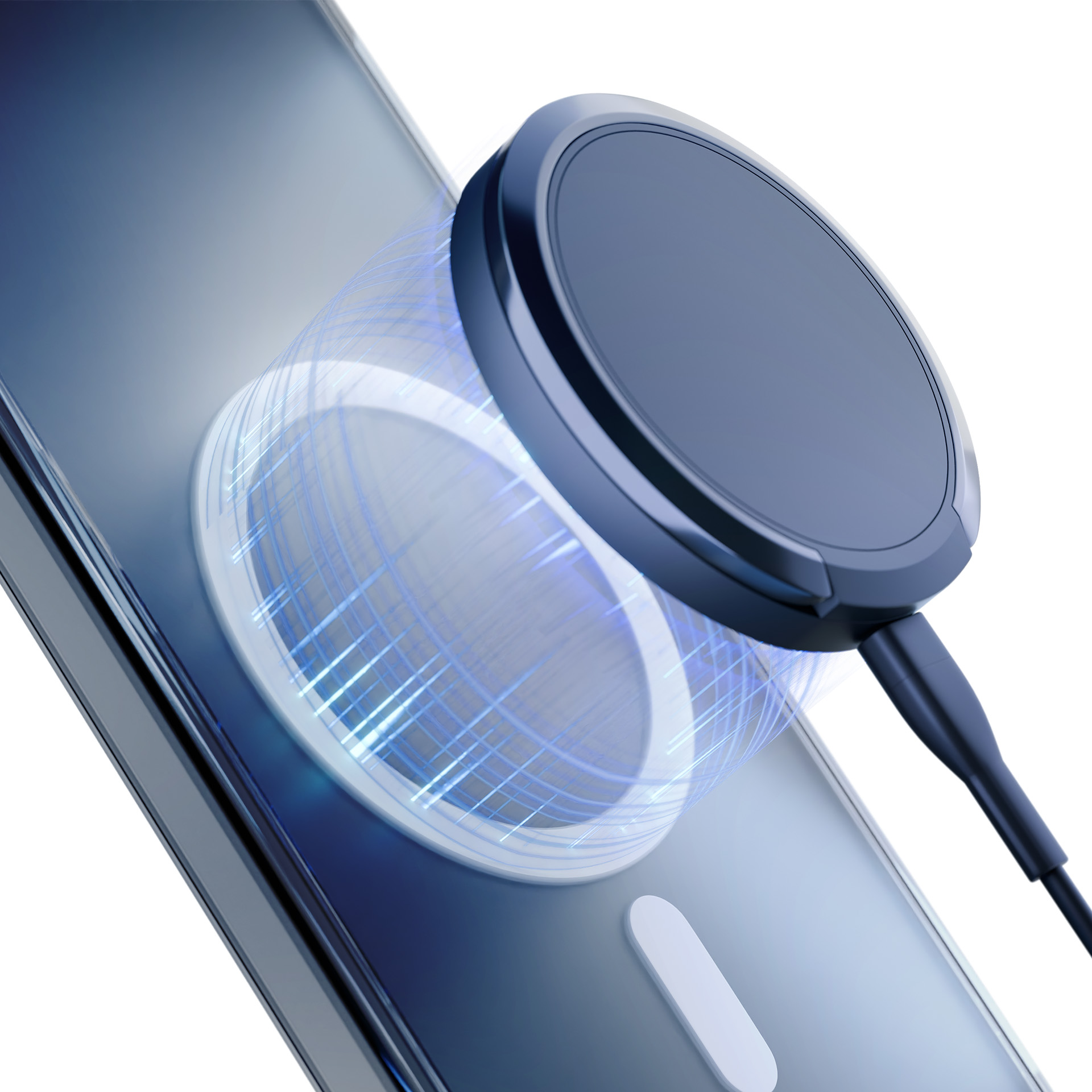 Telefon z dołączoną ładowarką bezprzewodową. Ładowarka jest ciemnoniebieska i ma kabel. Telefon jest szary.