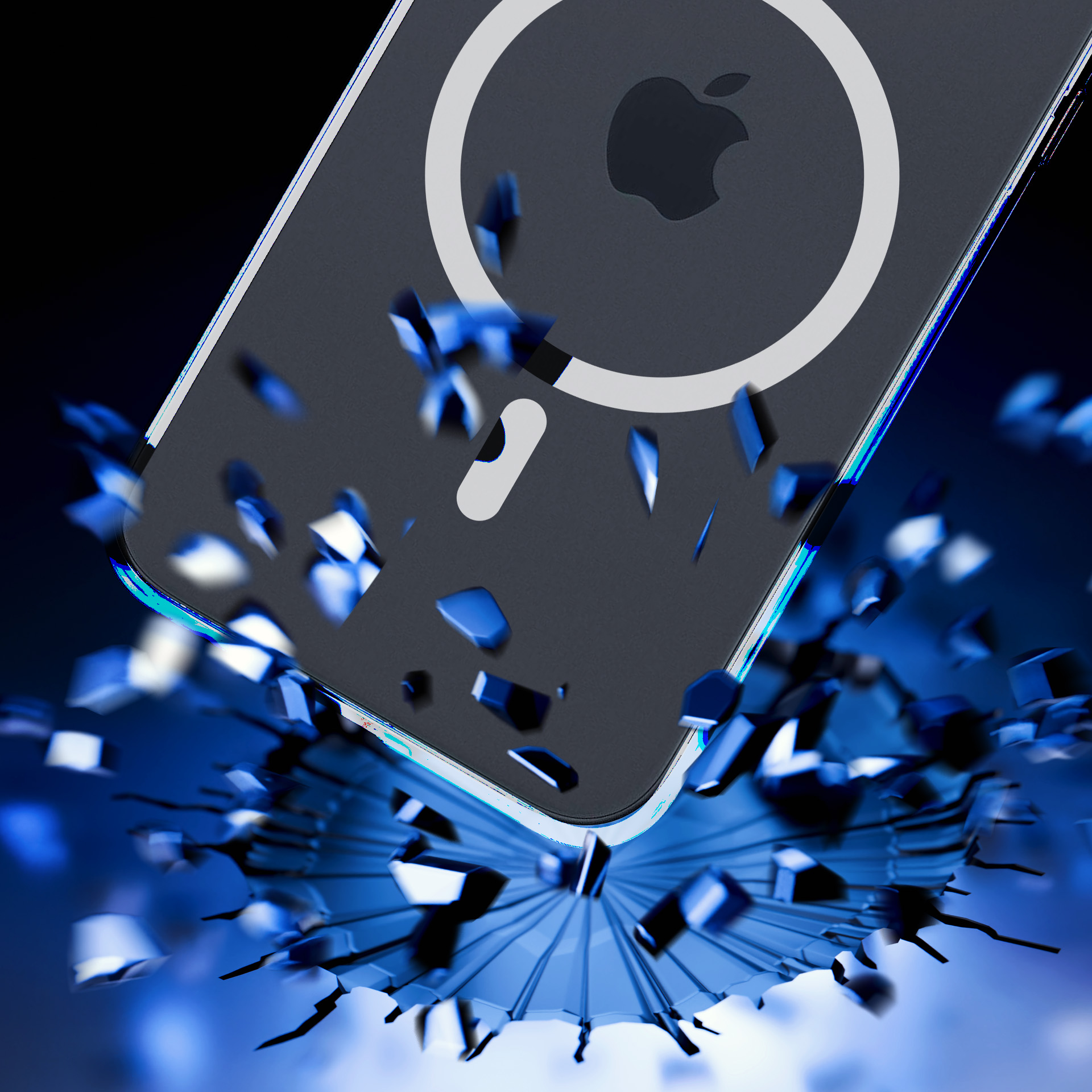 Etui na telefon z logo Apple przebija powierzchnię, z niebieskimi odłamkami i ciemnym tłem.