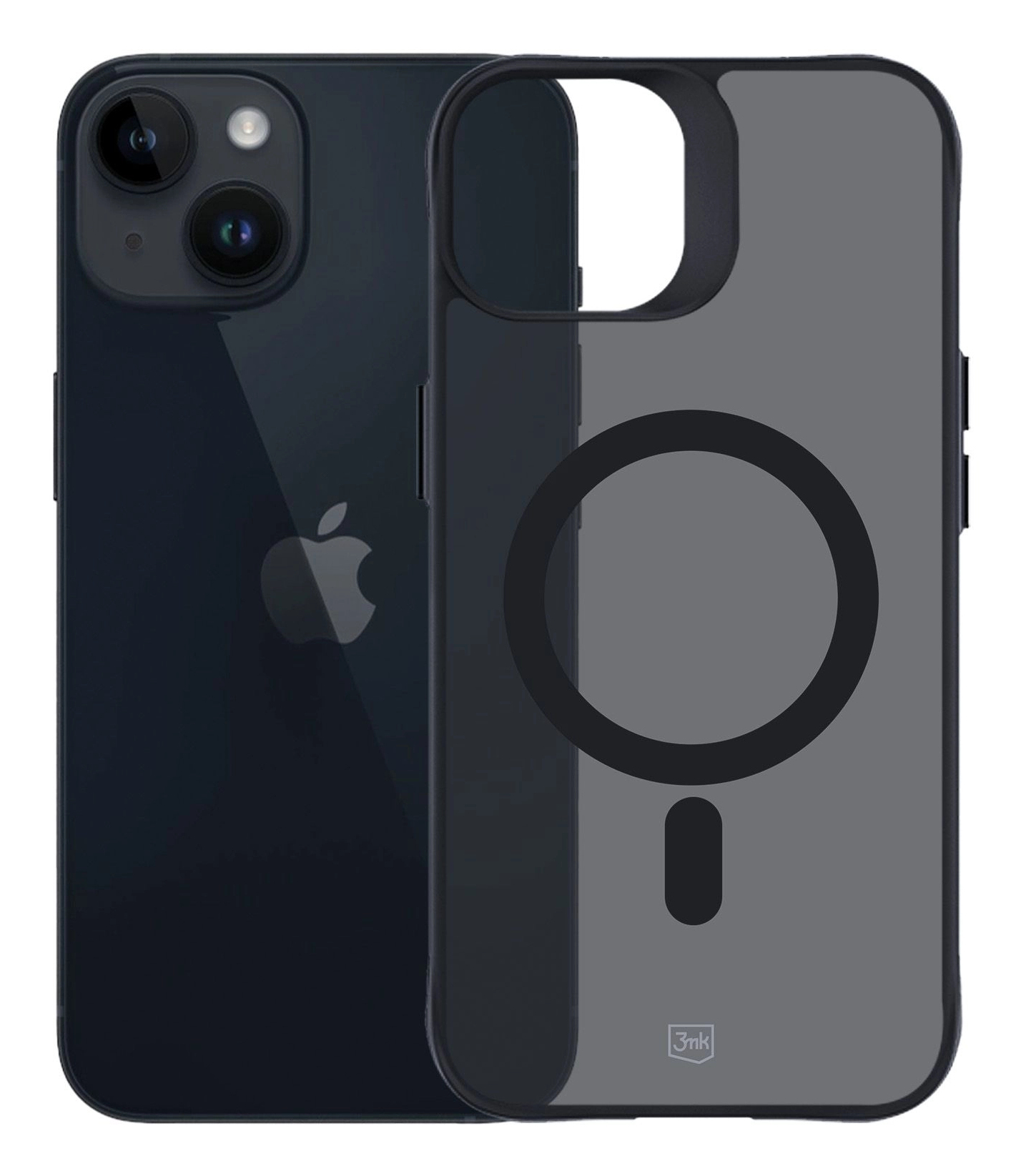 Widoczny jest iPhone i przezroczyste etui na telefon. iPhone jest czarny i ma aparat. Etui ma magnetyczny pierścień.