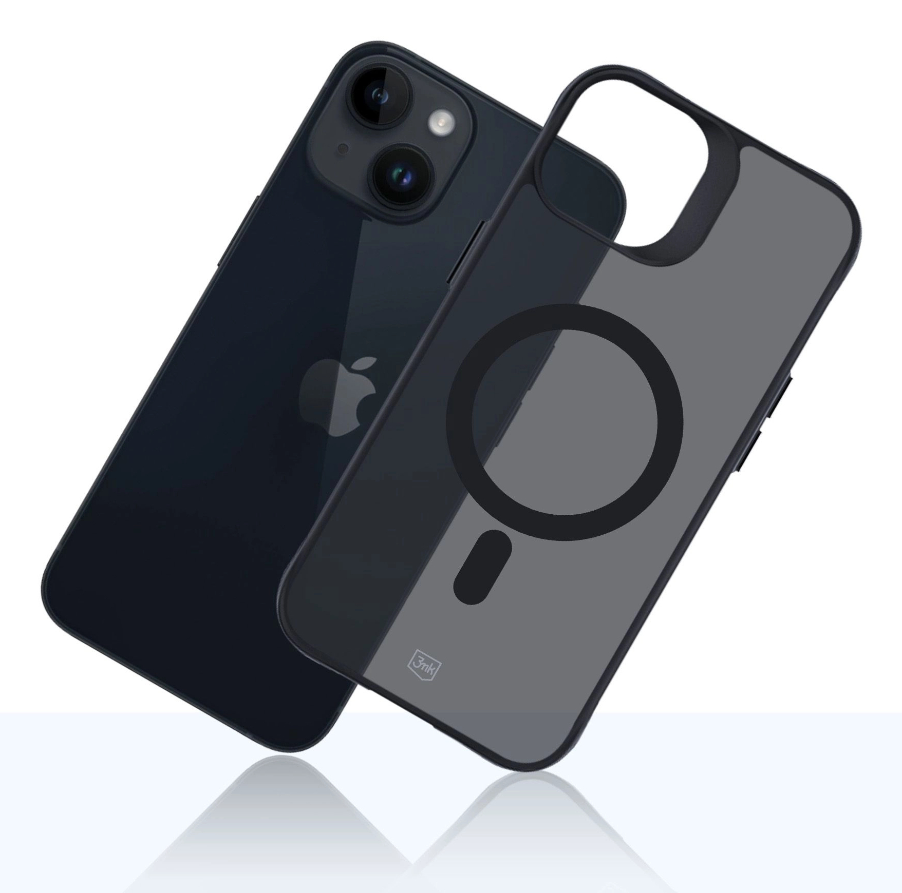 Czarny iPhone i przezroczyste etui. Etui jest na telefonie. Telefon ma czarny tył z logo Apple.