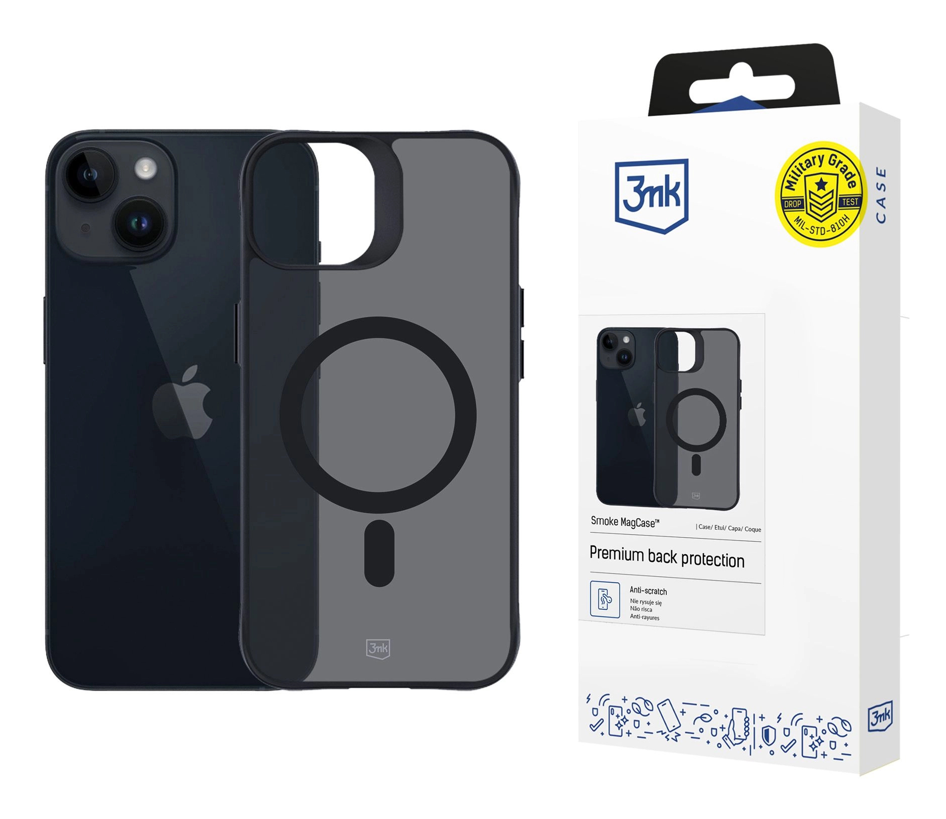 Wyświetlany jest iPhone i etui. Etui jest przezroczyste. Pudełko pokazuje etui i cechy, takie jak premium ochrona tyłu.