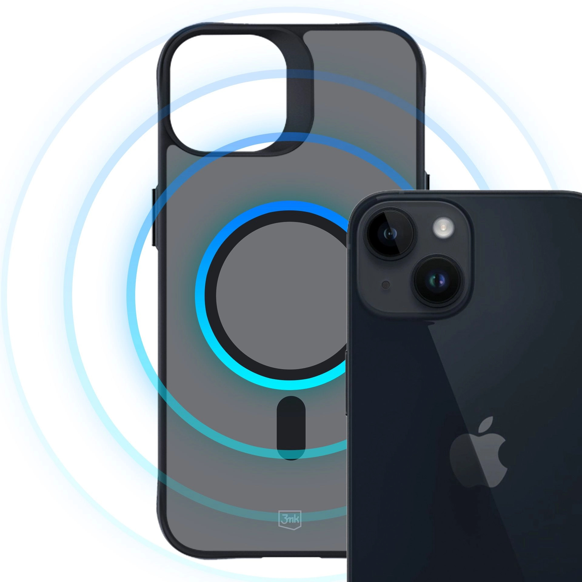 Obrazek przedstawia telefon i etui. Etui jest przezroczyste. Telefon jest czarny z logo Apple.