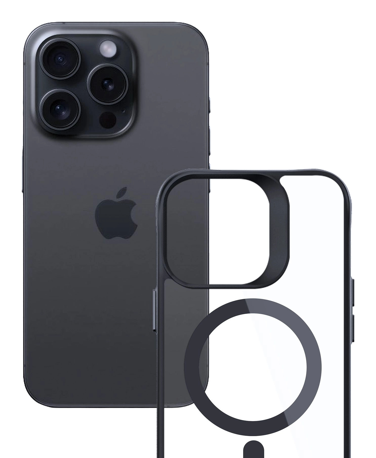 Un iPhone grigio scuro con custodia trasparente. Il telefono ha un modulo fotocamera con quattro lenti e il logo Apple.