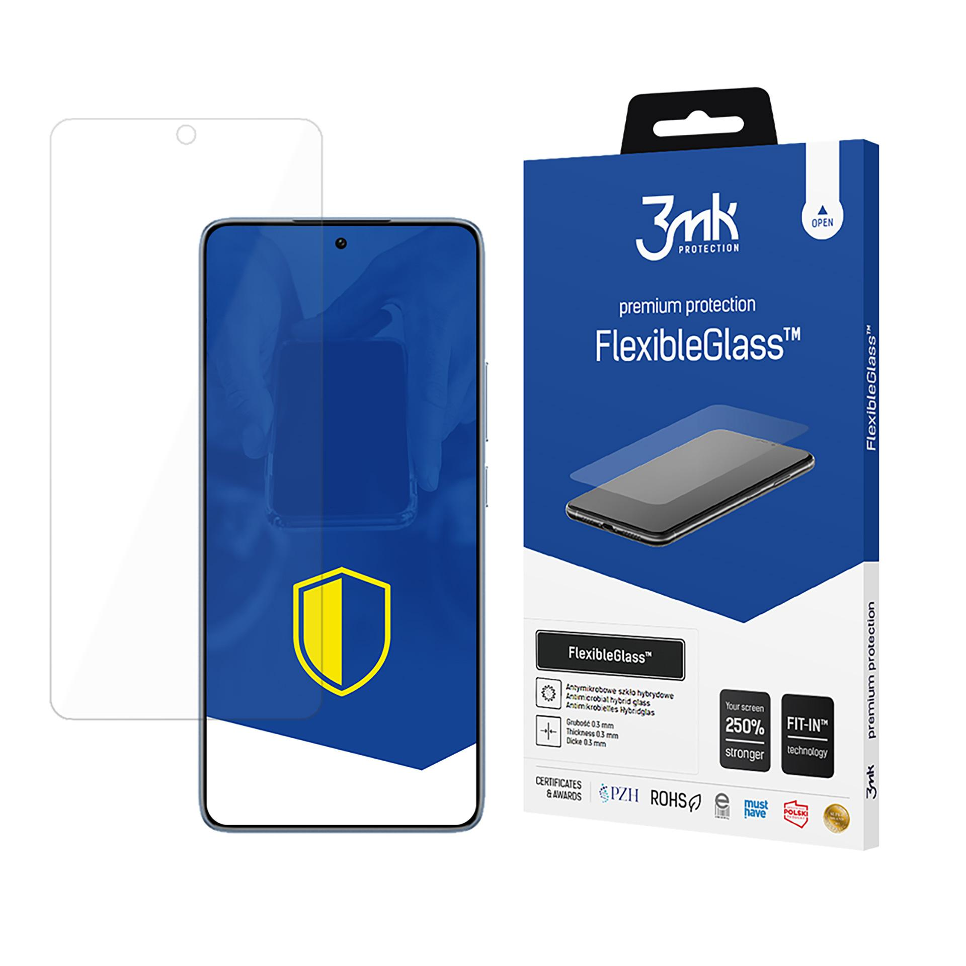 Un proteggi schermo e un telefono accanto a una scatola di prodotto blu e bianca, etichettata FlexibleGlass di 3mk.