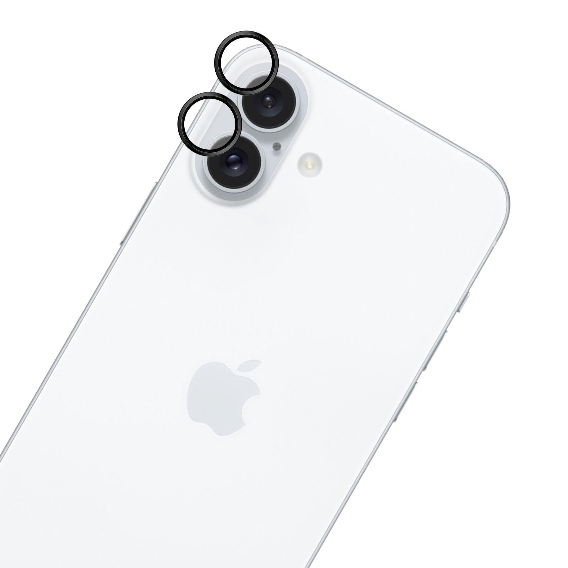 Retro del telefono bianco con lenti della fotocamera e anelli protettivi neri. Logo Apple visibile.