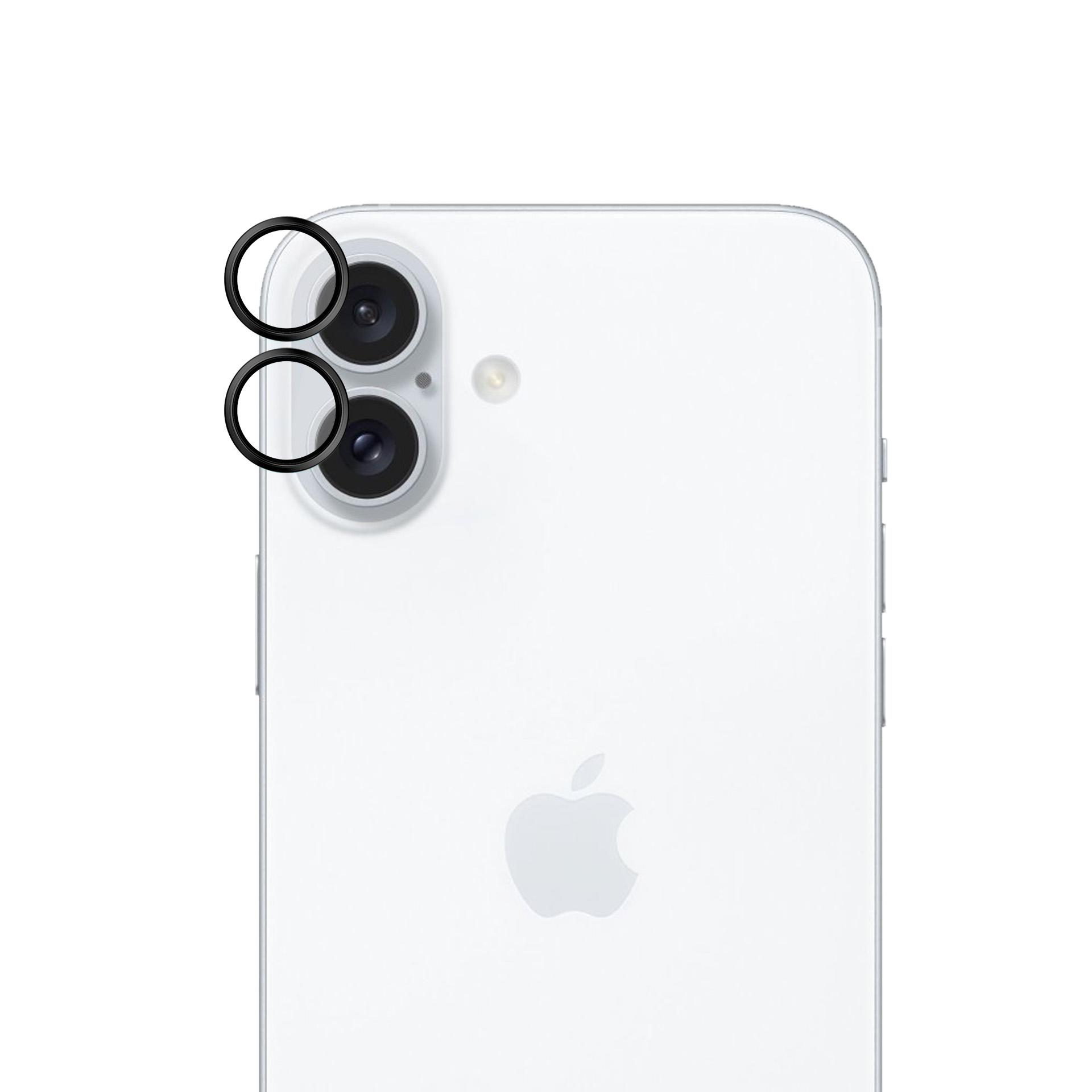 Retro del telefono bianco con lenti della fotocamera e anelli protettivi. Logo Apple in basso. Bordi metallici grigi.