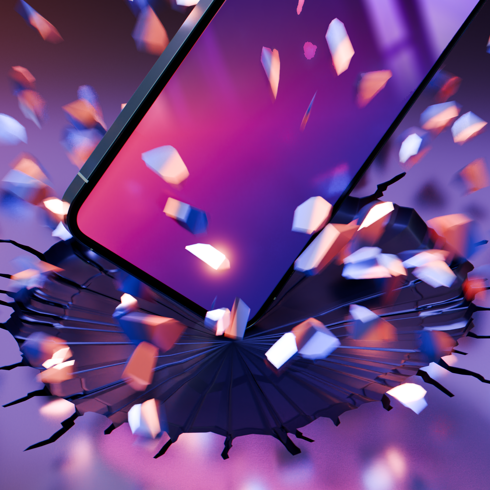 Smartfon zdaje się przebijać powierzchnię. Odłamki rozrzucone na fioletowo-różowym tle.