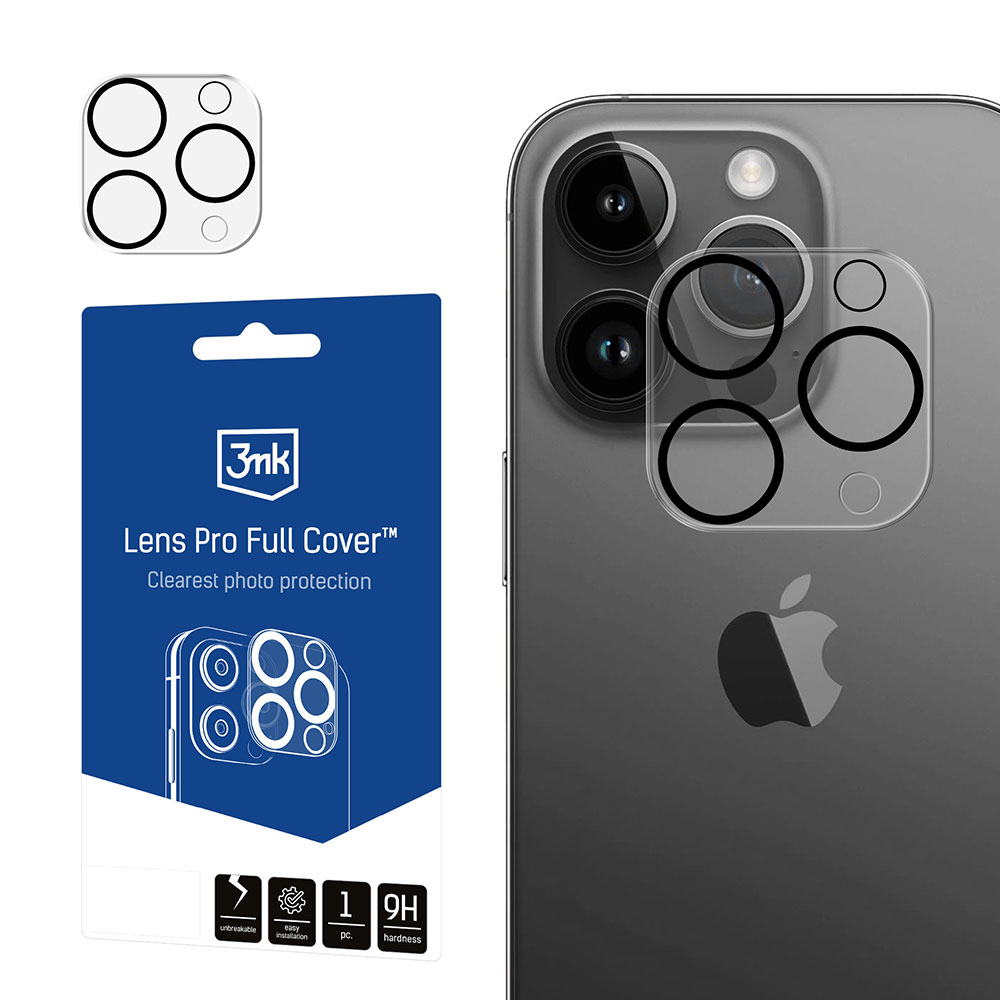 Retro di un iPhone con protezione lente e confezione. Sulla confezione c'è scritto 'Lens Pro Full Cover' e mostra un telefono con protezione lente.
