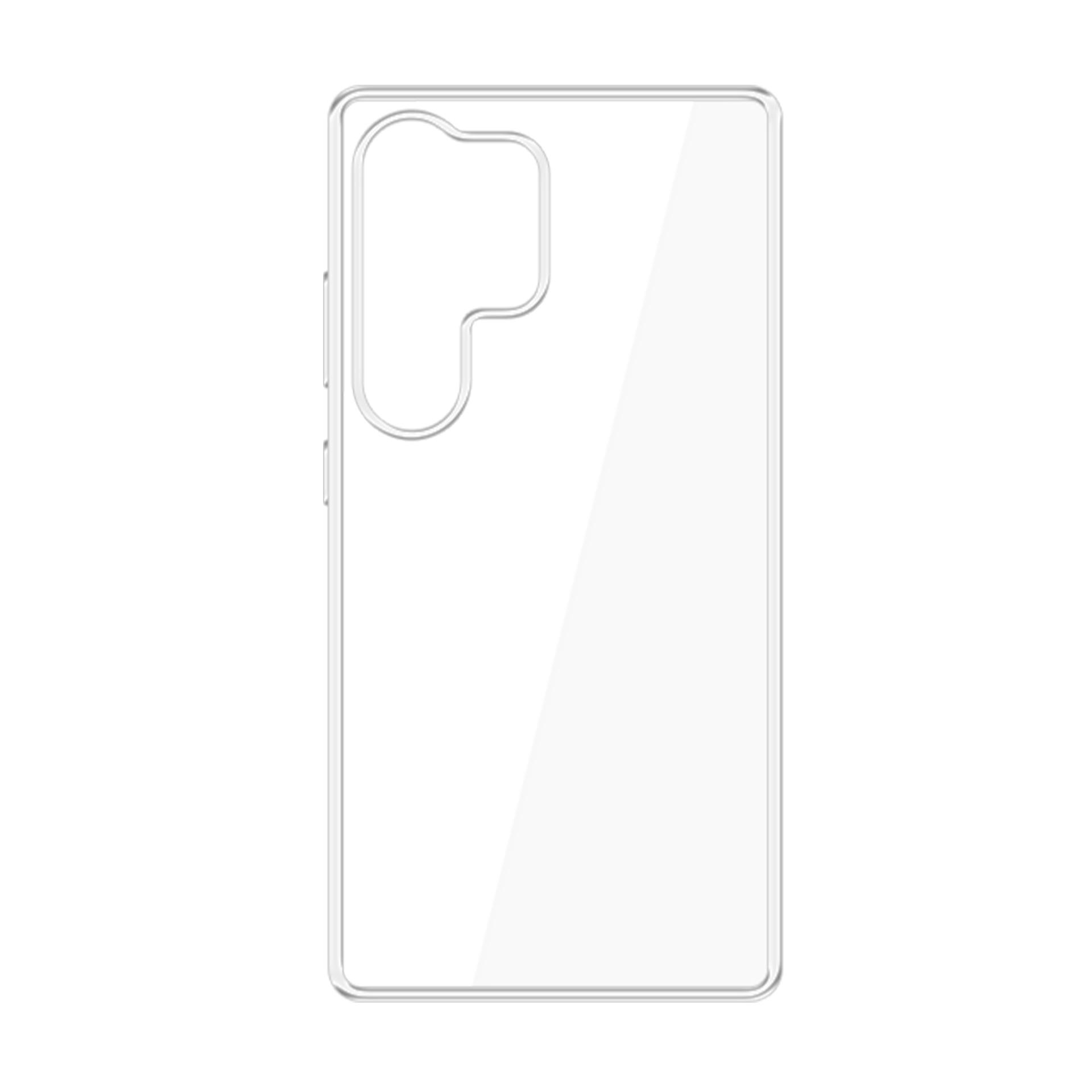 Viene mostrata una custodia trasparente per telefono, realizzata in plastica trasparente. Ha ritagli per la fotocamera e stampi per i pulsanti.