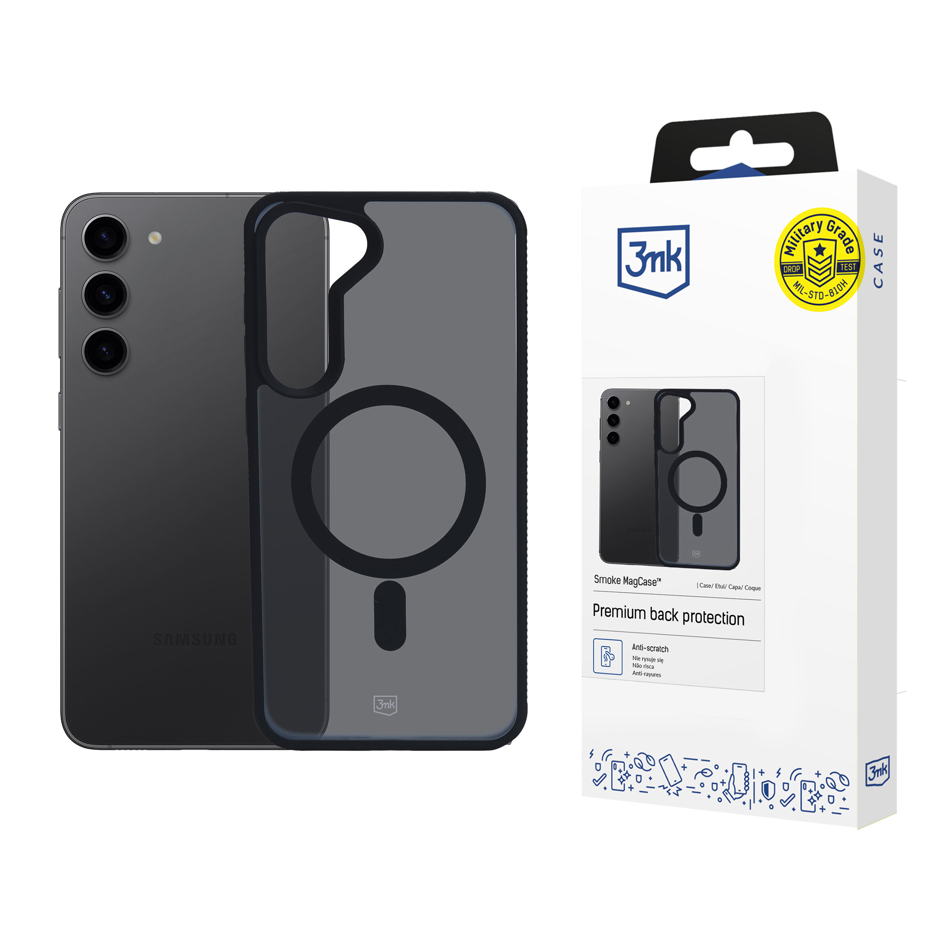 Smartfon z etui jest wyświetlany z pudełkiem etui. Telefon jest czarny, z szarym etui.