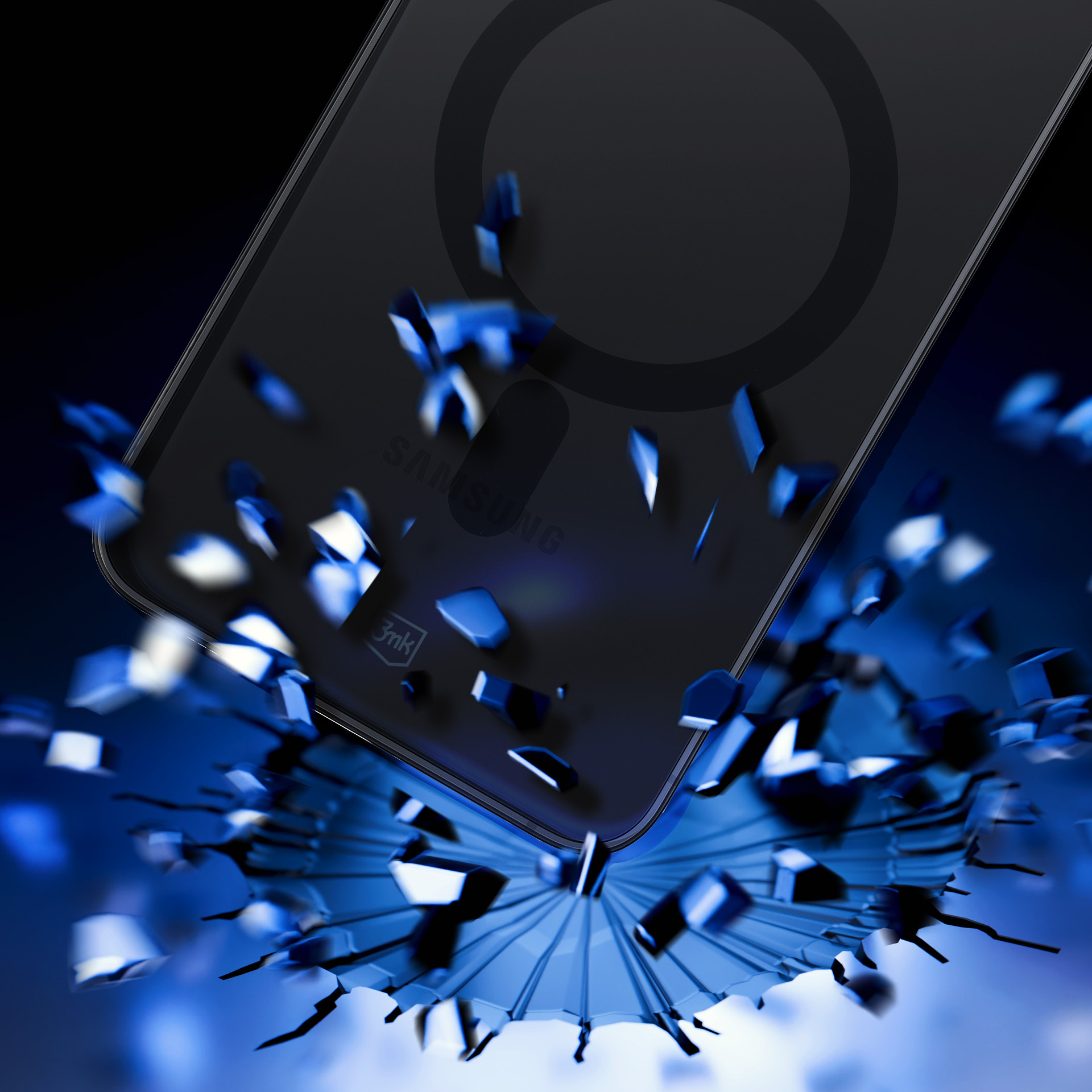 Czarny telefon Samsung z niebieskimi odłamkami. Telefon pęka powierzchnię. Ciemnoniebieskie tło.