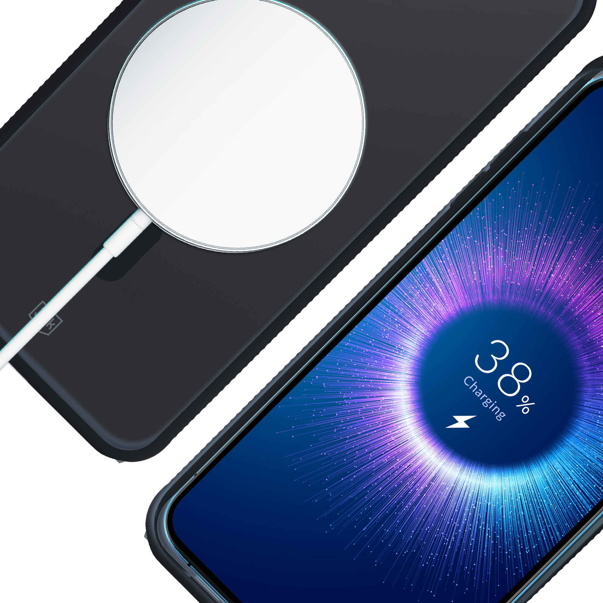 Telefon ładuje się na ładowarce bezprzewodowej. Ekran telefonu pokazuje 38% naładowania. Ładowarka jest biało-czarna.