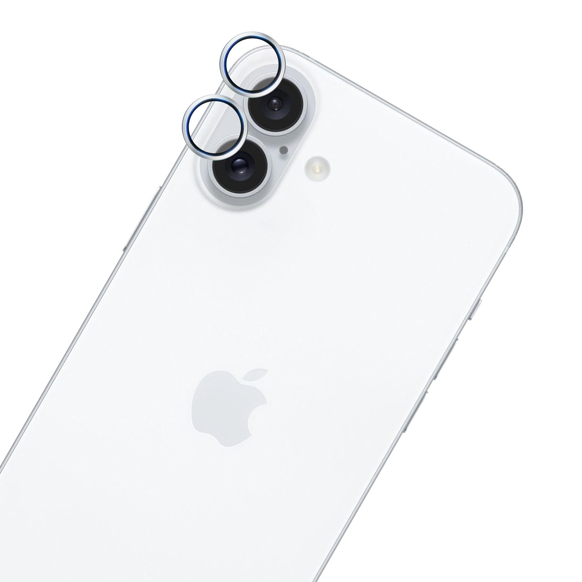 Biały tył smartfona z trzema obiektywami i srebrnym logo Apple, z pierścieniami ochronnymi.