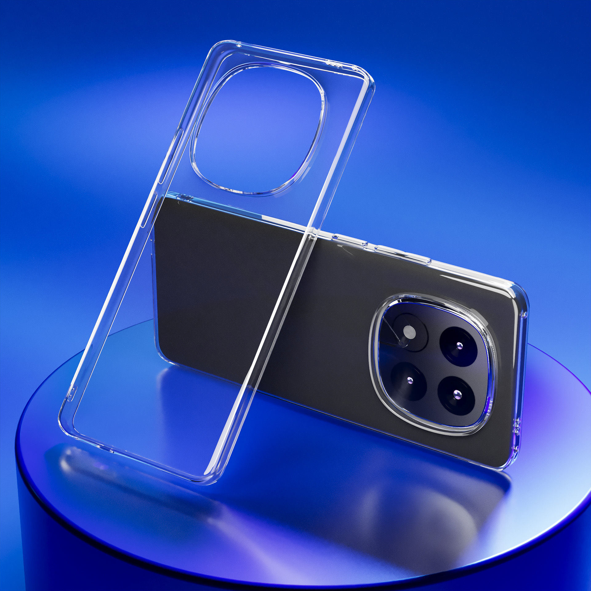 Smartfon w przezroczystym etui spoczywa na niebieskiej platformie. Telefon jest czarny, tło niebieskie.