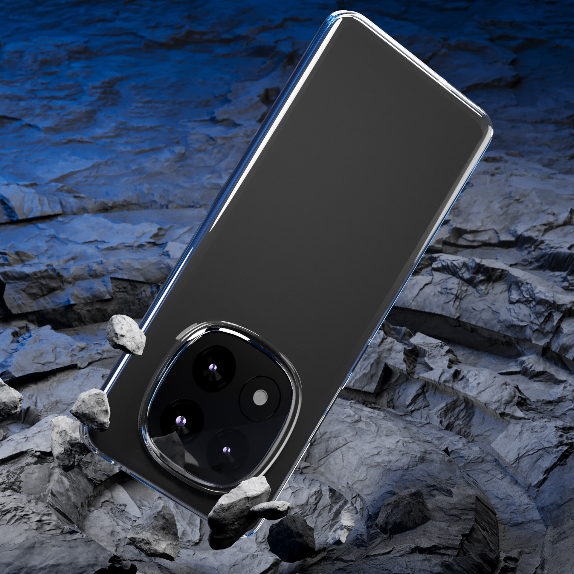 Czarny smartfon z obiektywami aparatu, otoczony szarymi skałami, niebieskie tło.