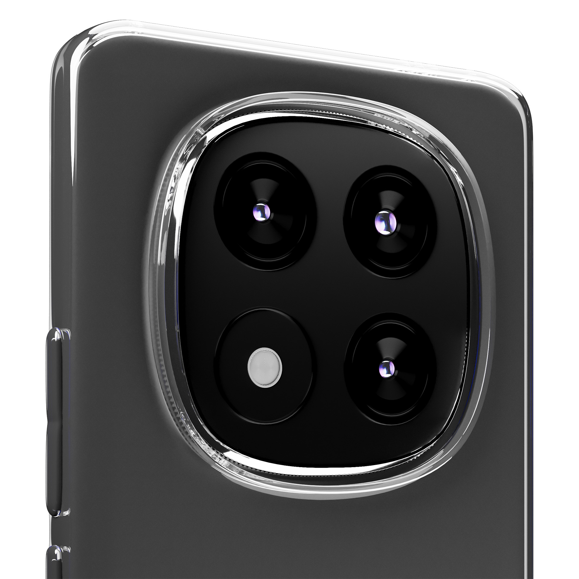 Zbliżenie modułu aparatu telefonu z czterema obiektywami i lampą błyskową. Telefon jest w przezroczystym etui.
