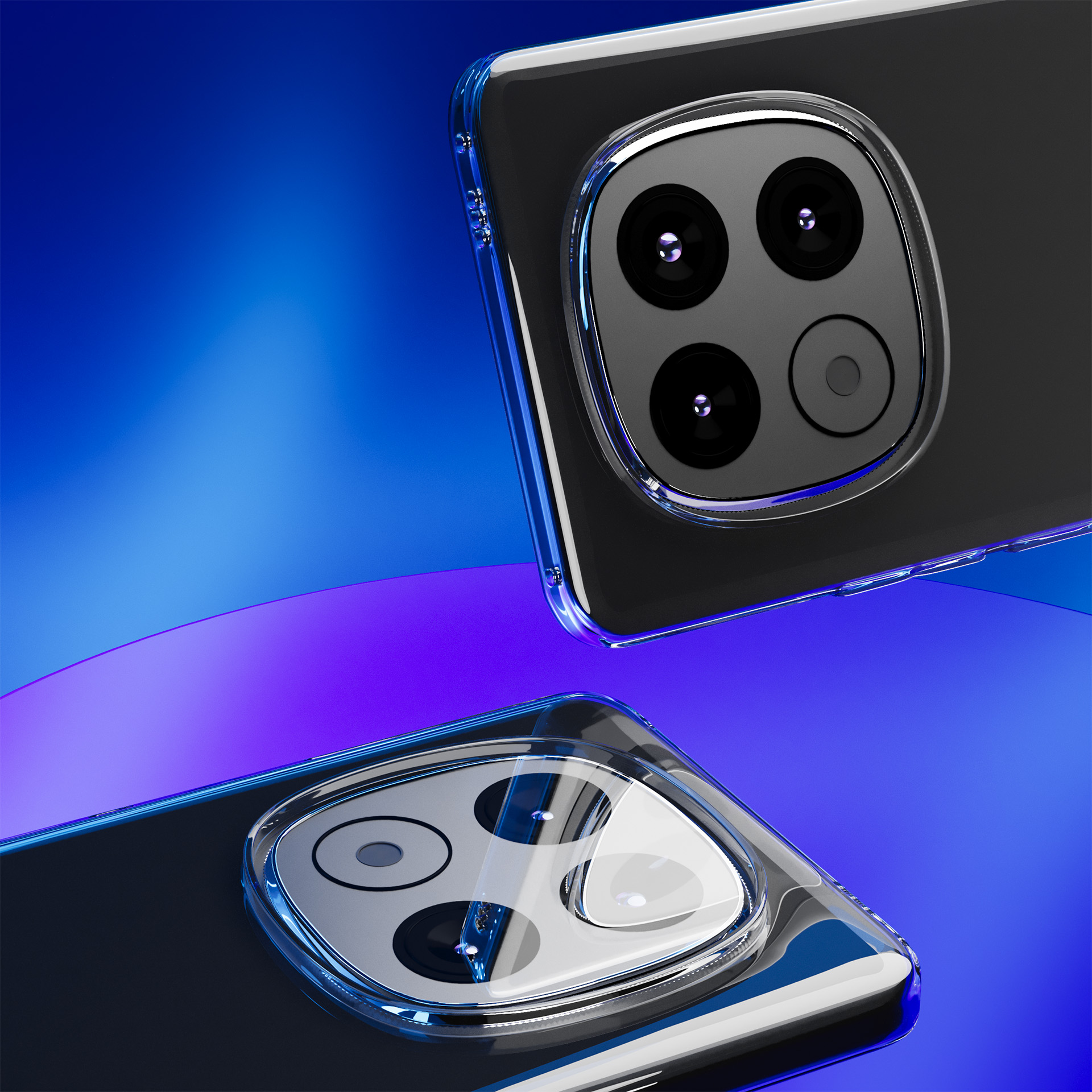 Dwa smartfony z przezroczystymi etui prezentują moduły aparatu. Tło to gradient niebieskiego i fioletowego.